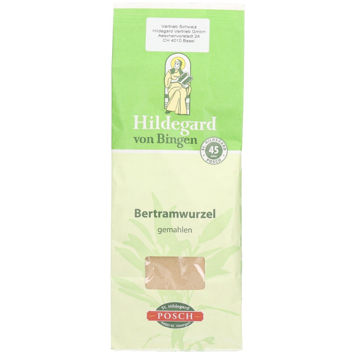 Verpackung von Bertramwurzel, gemahlen. Grün-weiße Tüte mit Produktnamen und Logo. Sichtfenster zeigt Inhalt.