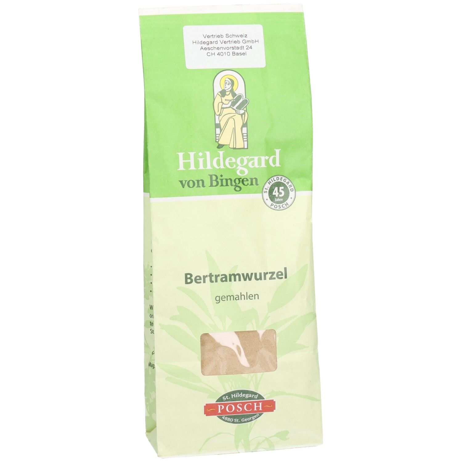 Verpackung von Bertramwurzel, gemahlen. Grün-weiße Tüte mit Produktnamen und Logo. Sichtfenster zeigt Inhalt.