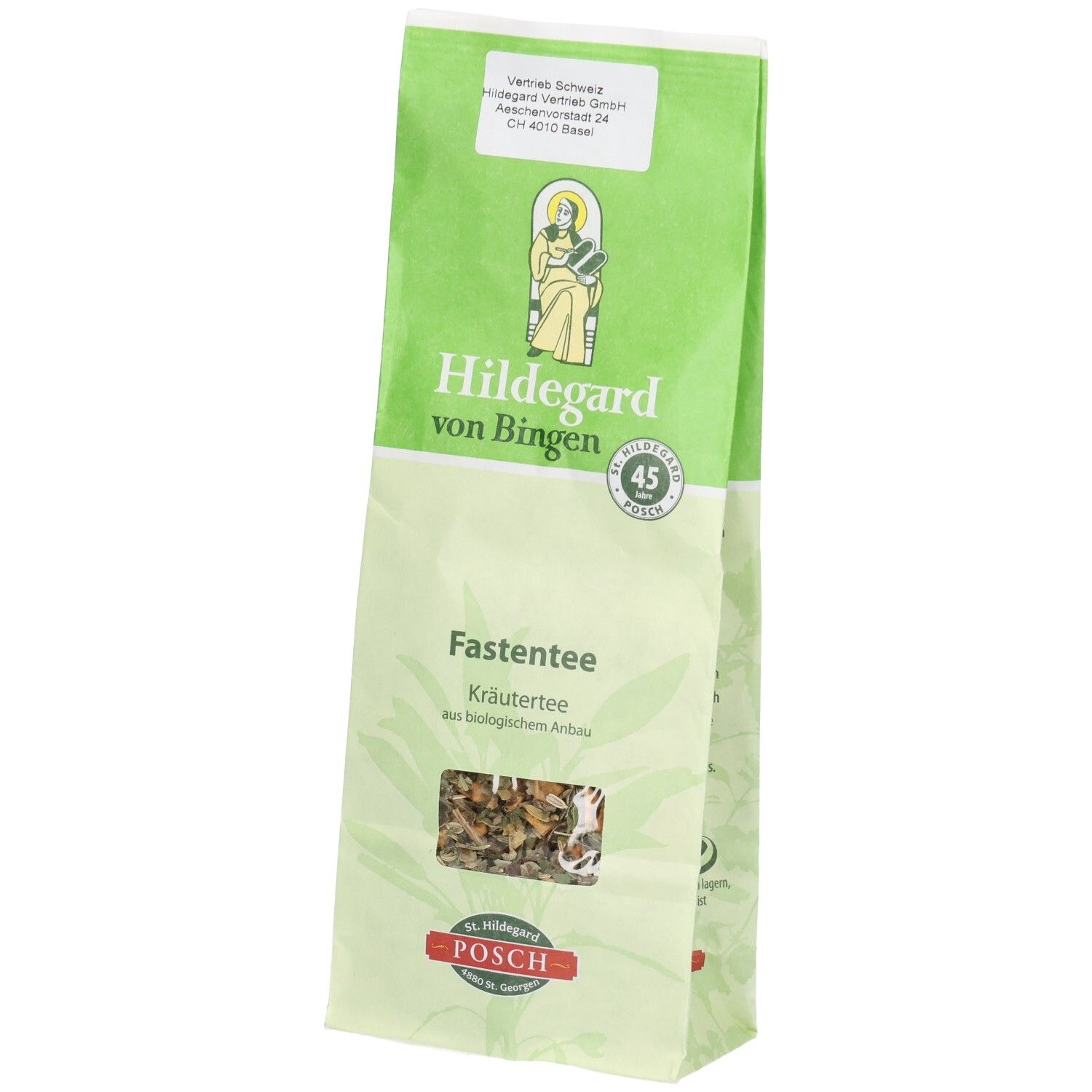 Grüner Beutel mit Kräutertee. Aufschrift: Hildegard von Bingen Fastentee. Sichtfenster mit Kräutern. POSCH-Logo.