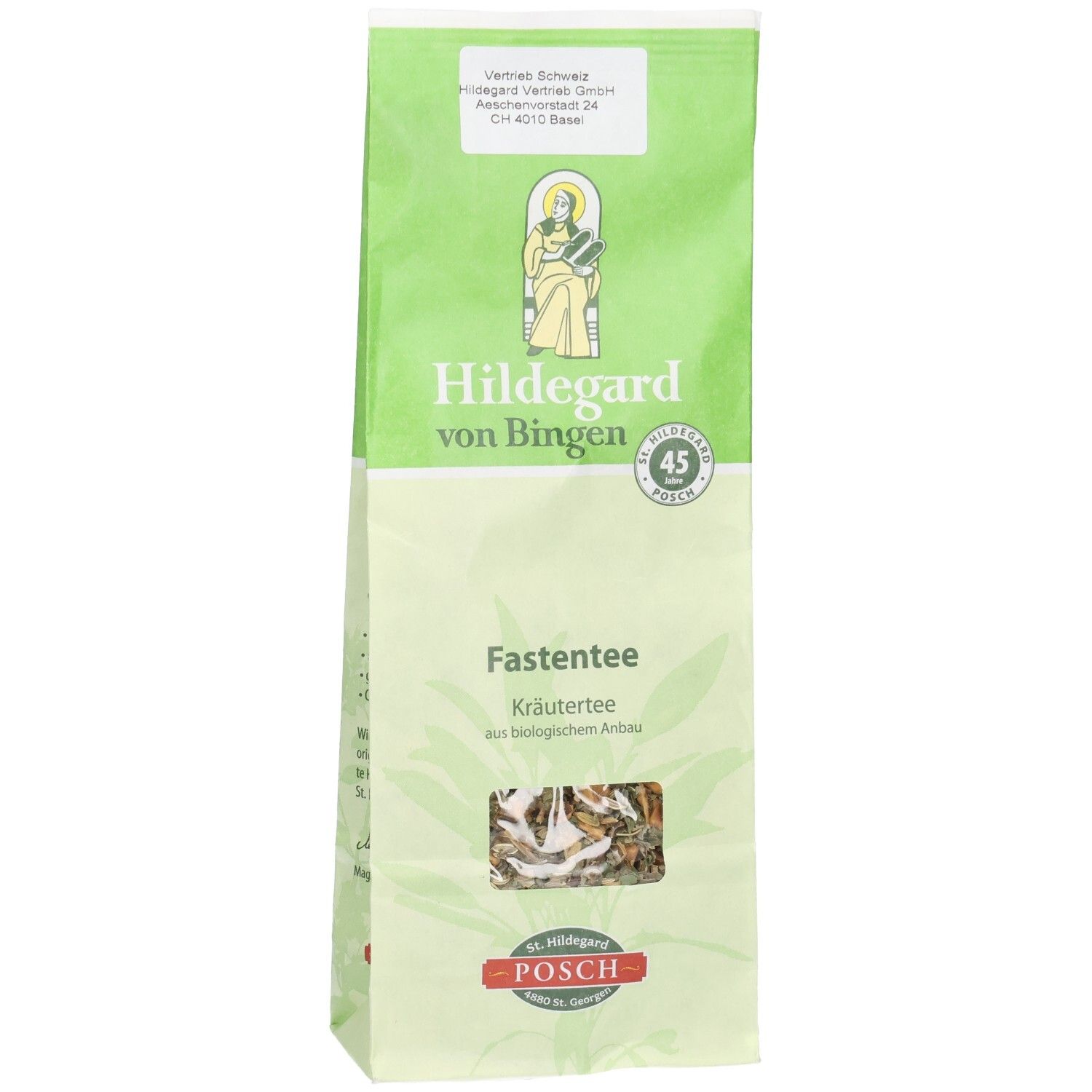Grüner Beutel mit Kräutertee. Aufschrift: Hildegard von Bingen Fastentee. Sichtfenster mit Kräutern. POSCH-Logo.