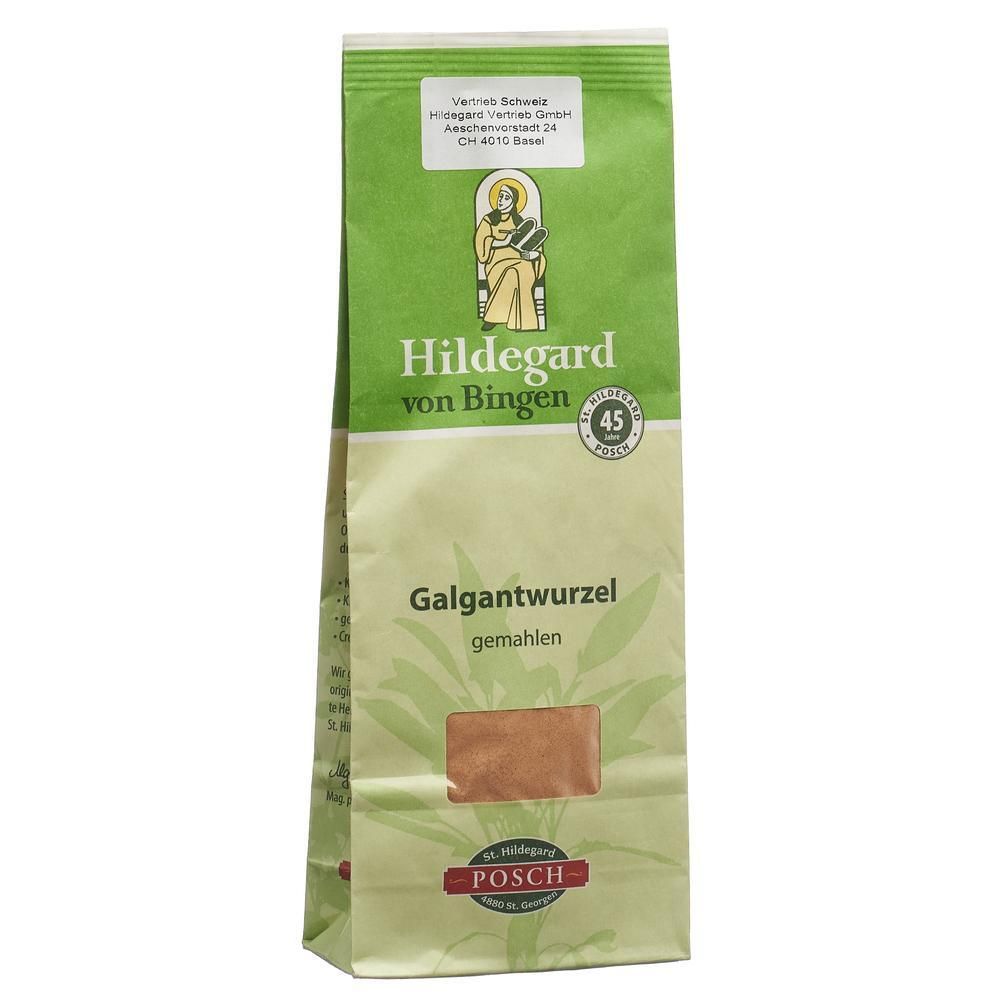 Emballage vert avec texte: Hildegard von Bingen, Galgantwurzel gemahlen. Fenêtre avec contenu visible. Logo POSCH.