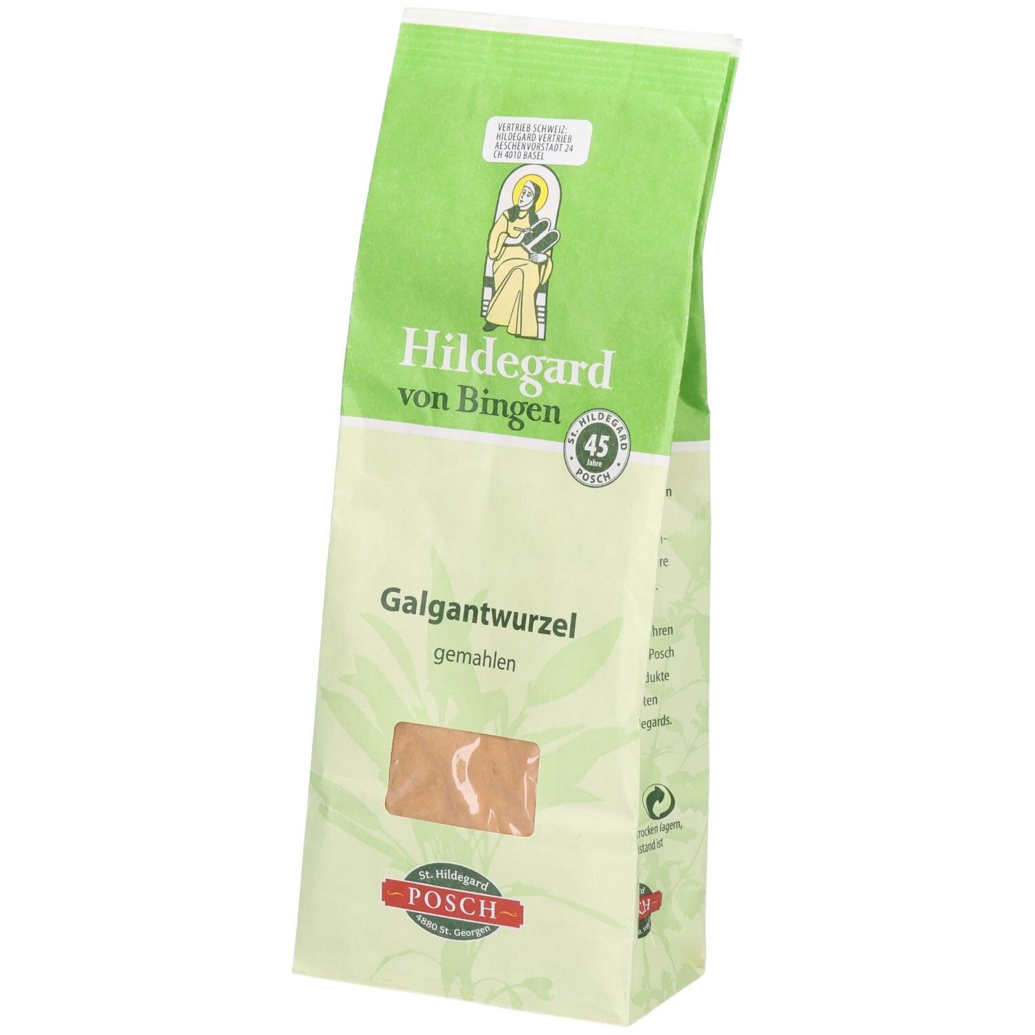 Emballage vert avec texte: Hildegard von Bingen, Galgantwurzel gemahlen. Fenêtre avec contenu visible. Logo POSCH.