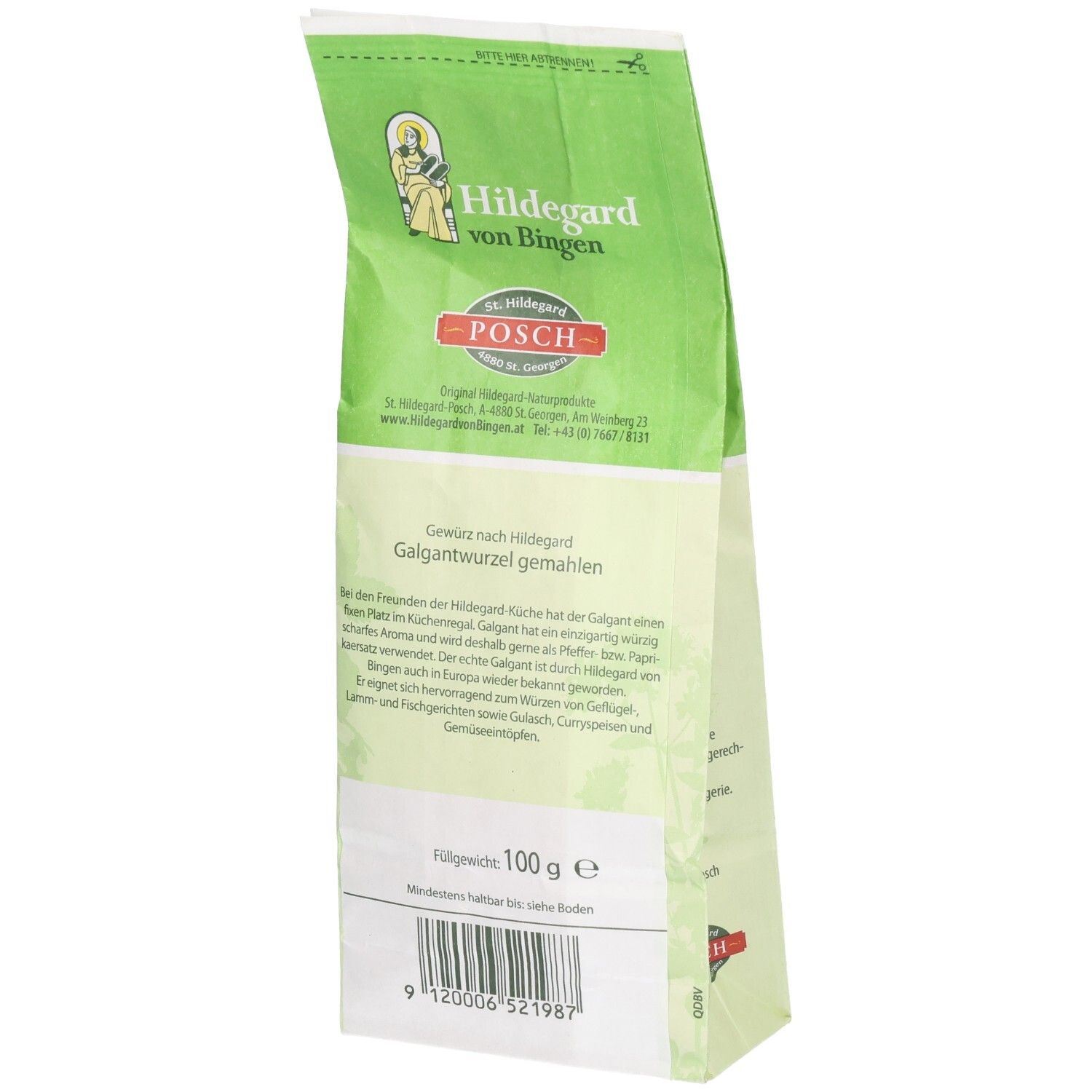 Emballage vert avec texte: Hildegard von Bingen, Galgantwurzel gemahlen. Dos avec texte et logo POSCH.