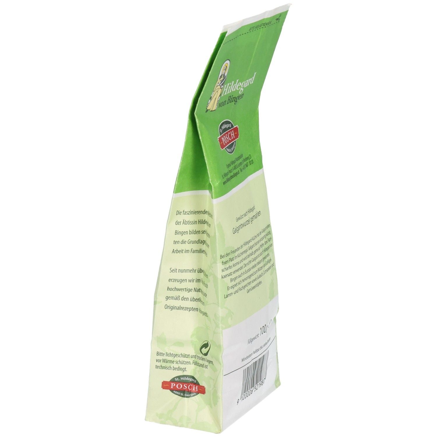 Emballage vert avec texte: Hildegard von Bingen, Galgantwurzel gemahlen. Vue latérale avec texte et logo POSCH.