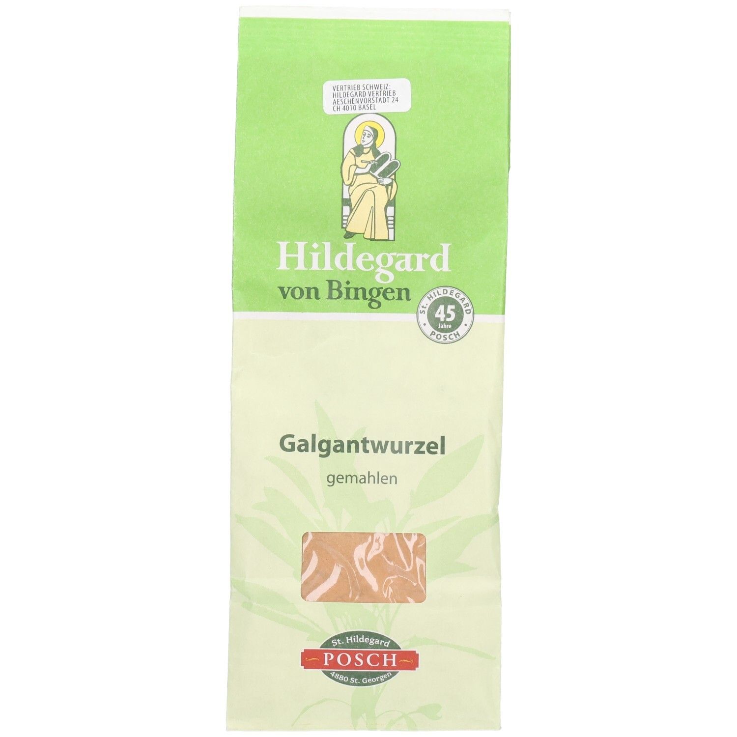 Emballage vert avec texte: Hildegard von Bingen, Galgantwurzel gemahlen. Fenêtre avec contenu visible. Logo POSCH.