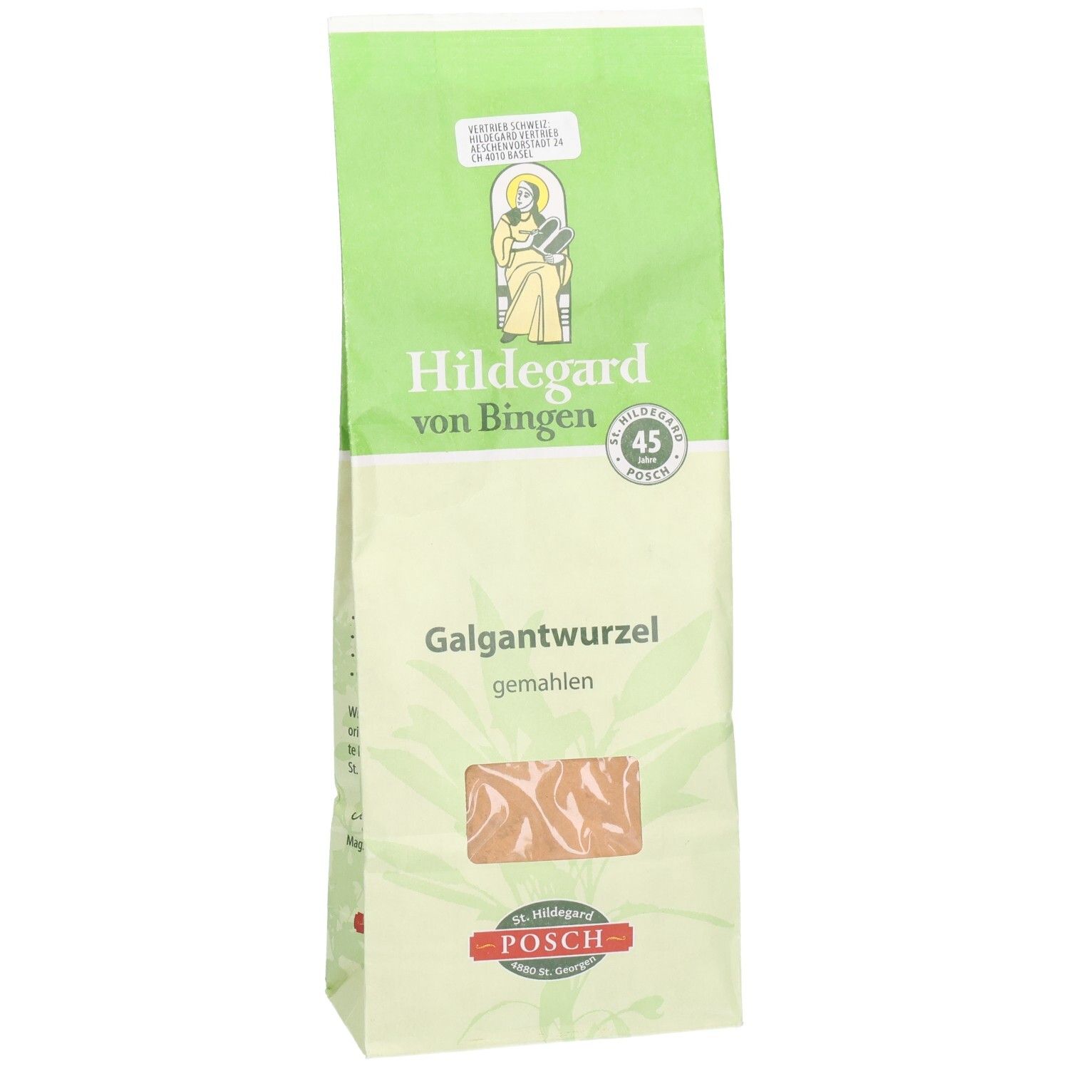 Emballage vert avec texte: Hildegard von Bingen, Galgantwurzel gemahlen. Fenêtre avec contenu visible. Logo POSCH.