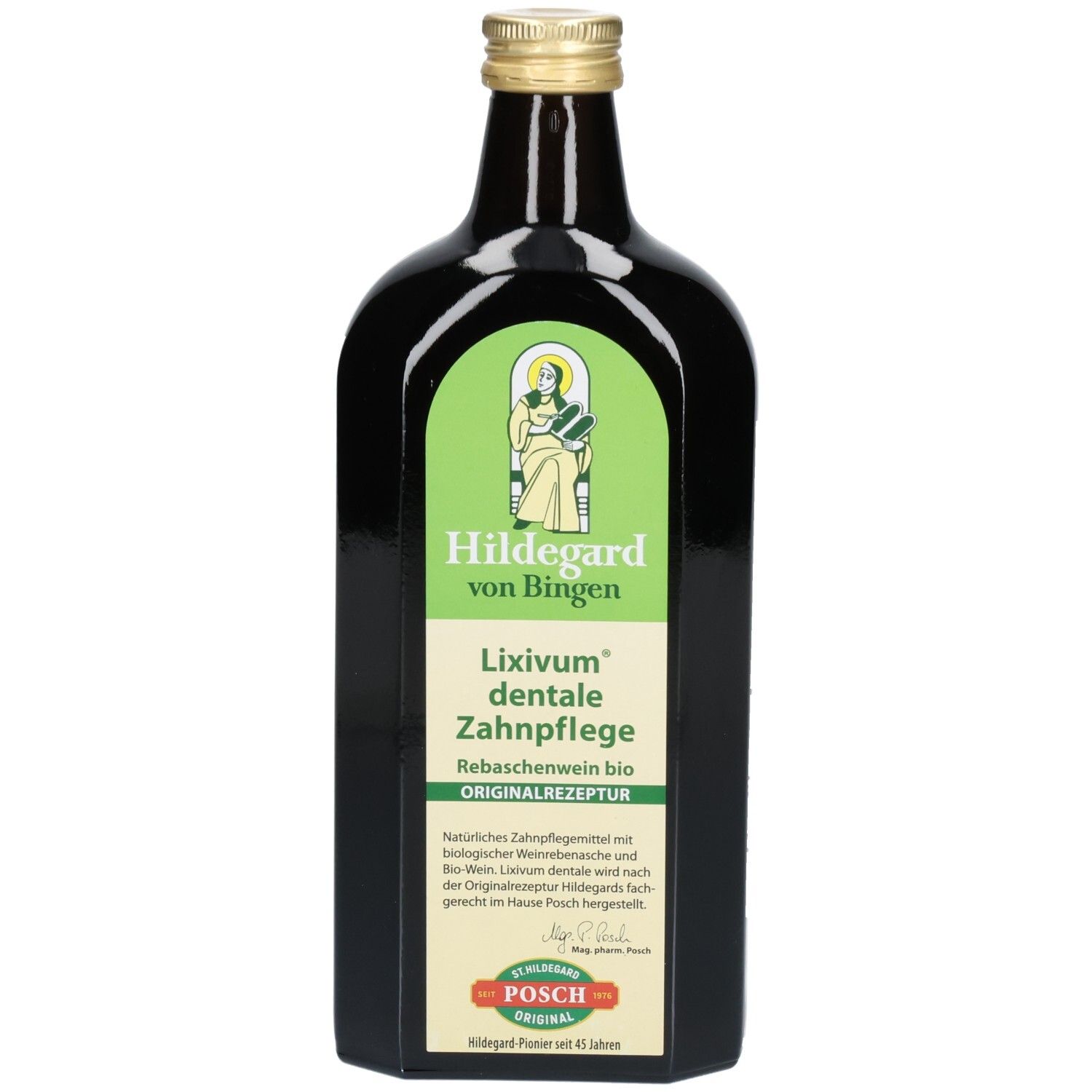 Bouteille marron avec étiquette verte. Inscription : Hildegard von Bingen, Lixivum dentale Zahnpflege. Bouchon doré.