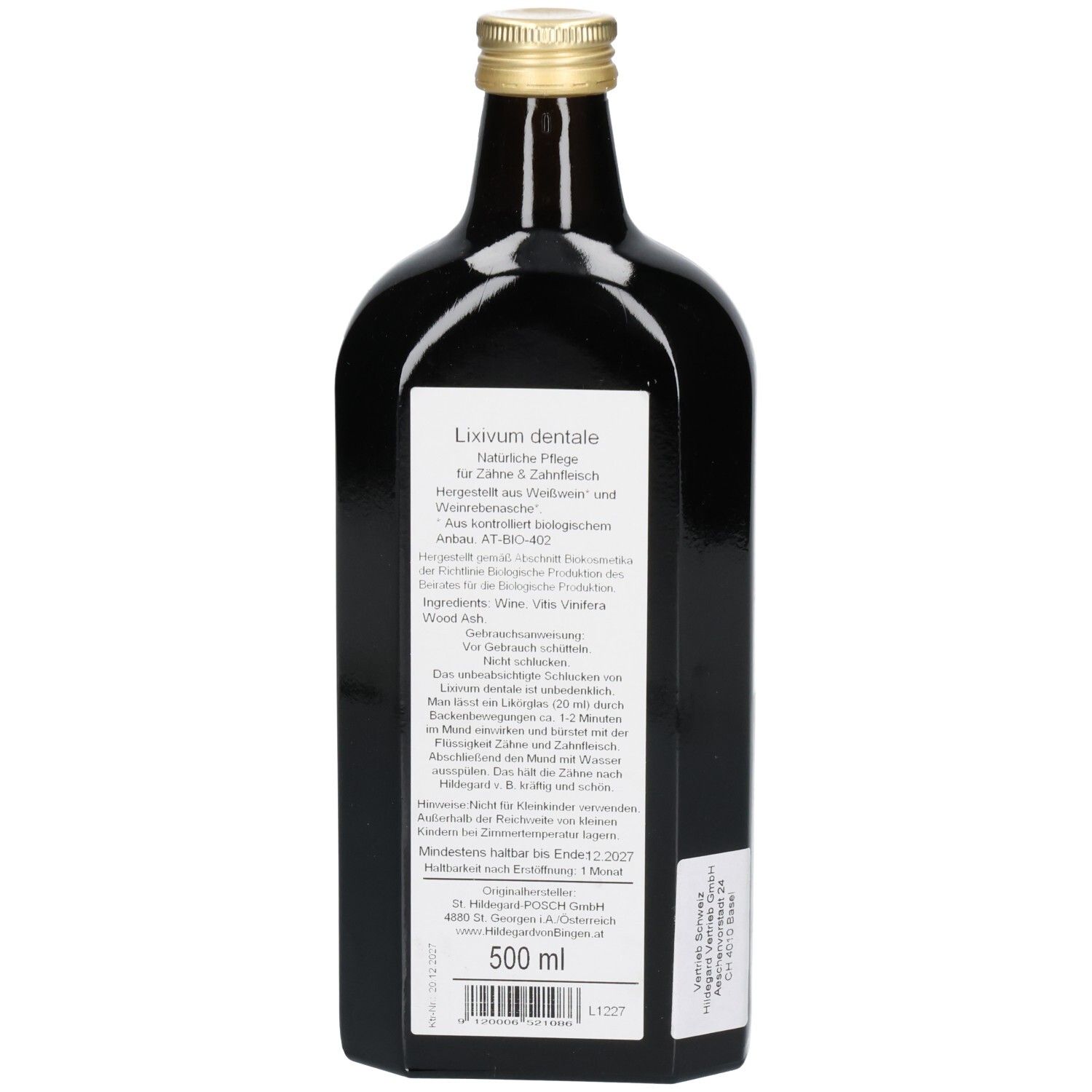 Vue arrière de la bouteille marron. Étiquette blanche avec texte. En bas : 500 ml. Bouchon doré.