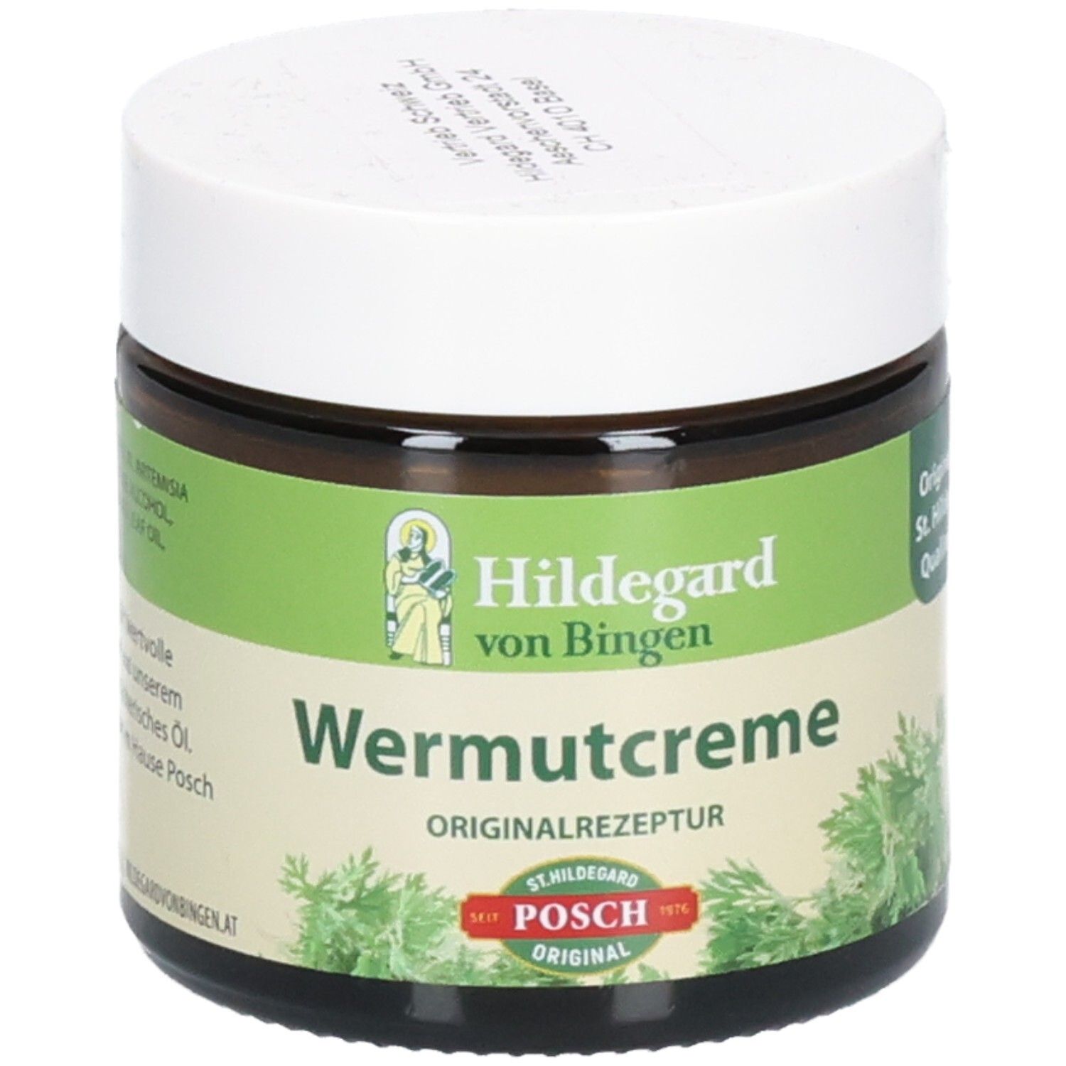 Pot en verre brun avec couvercle blanc. Étiquette avec nom du produit et logo. Texte: Hildegard von Bingen, Wermutcreme, Originalrezeptur, POSCH Original.