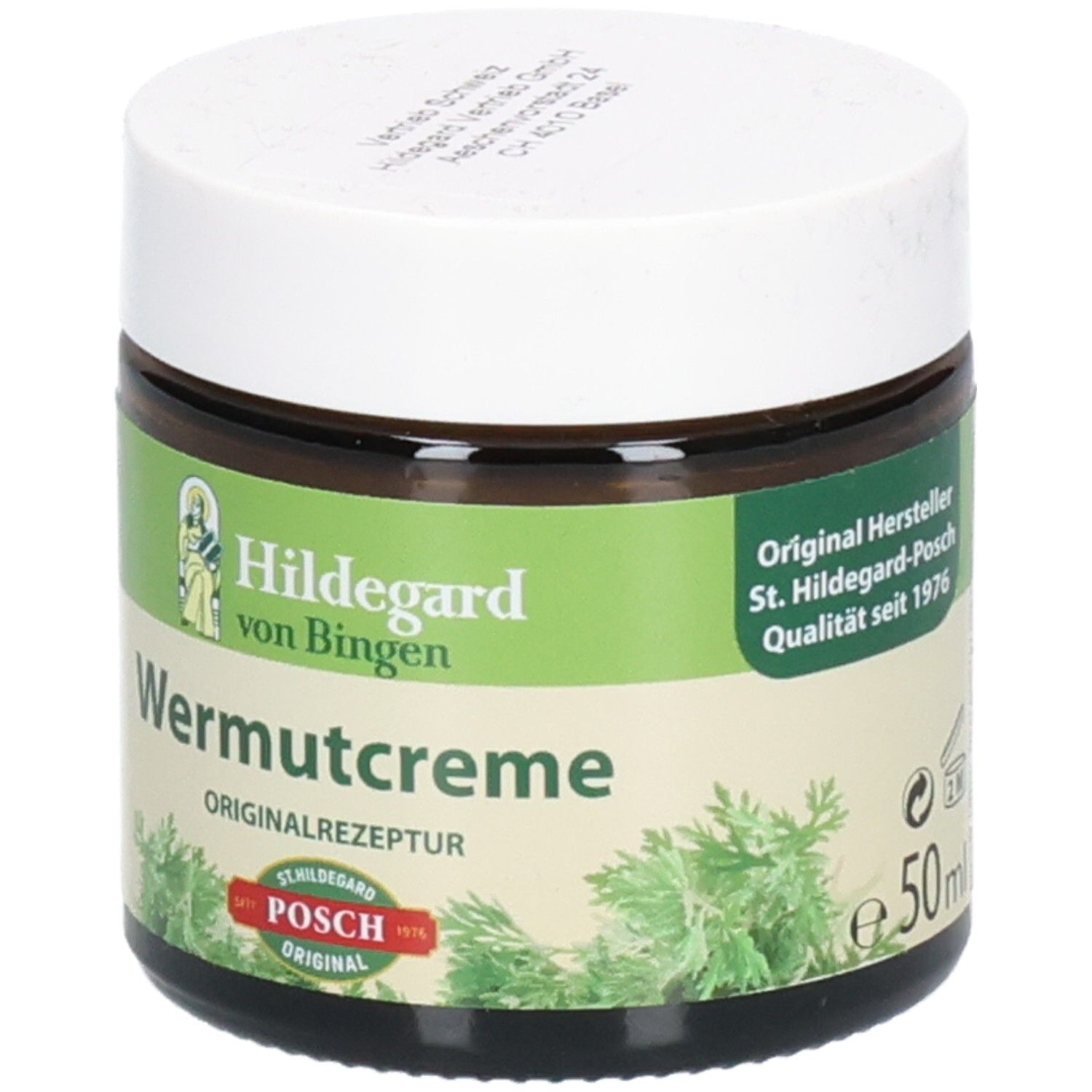 Pot en verre brun avec couvercle blanc. Étiquette avec nom du produit et logo. Texte: Hildegard von Bingen, Wermutcreme, Originalrezeptur, POSCH Original, 50ml.