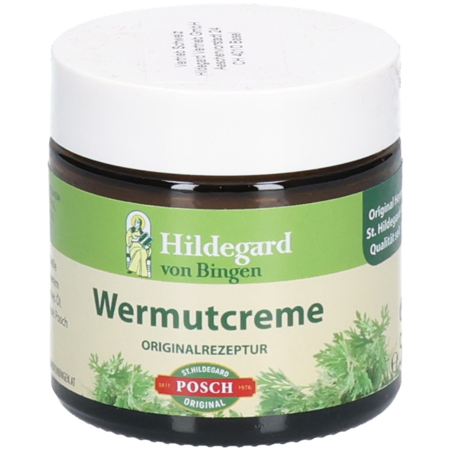 Pot en verre brun avec couvercle blanc. Étiquette avec nom du produit et logo. Texte: Hildegard von Bingen, Wermutcreme, Originalrezeptur, POSCH Original.