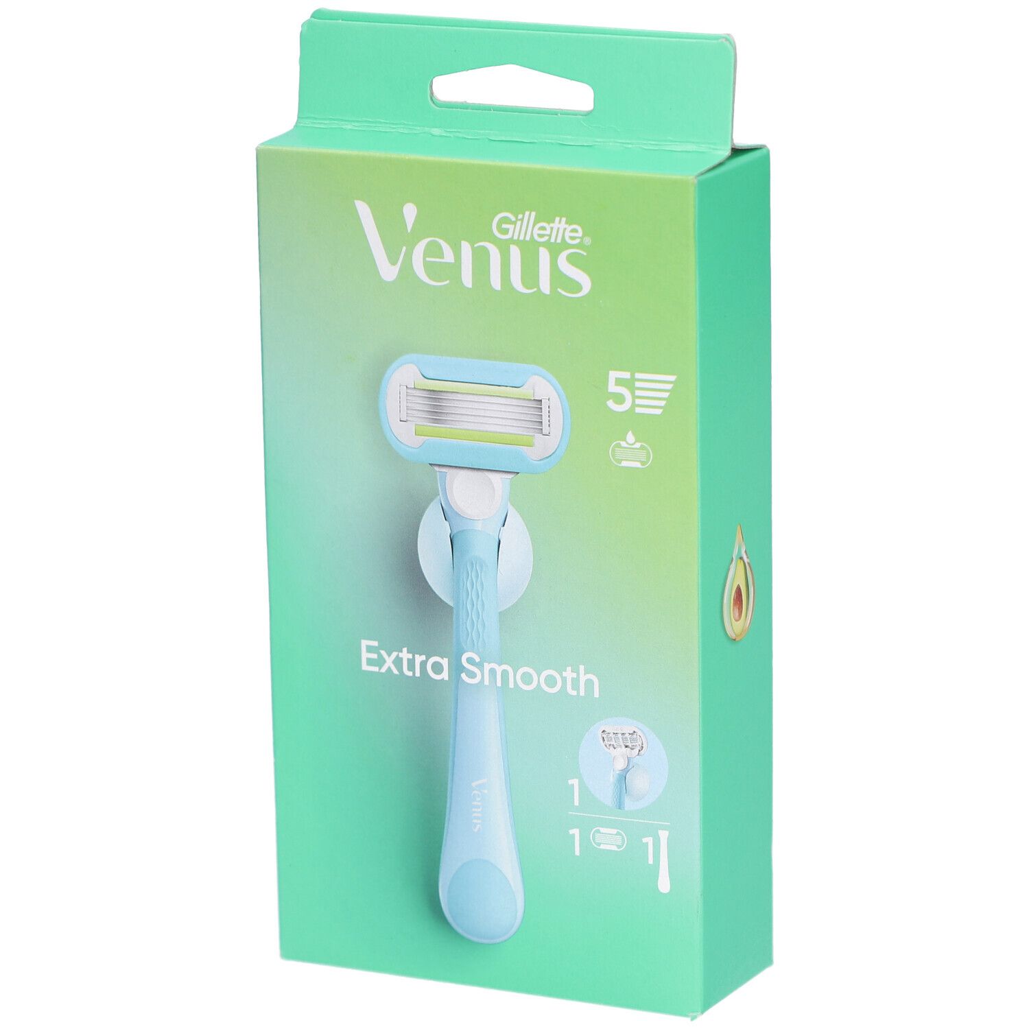Emballage de rasoir Venus Gillette. Manche bleu clair, 5 lames. Inscription: Extra Smooth.