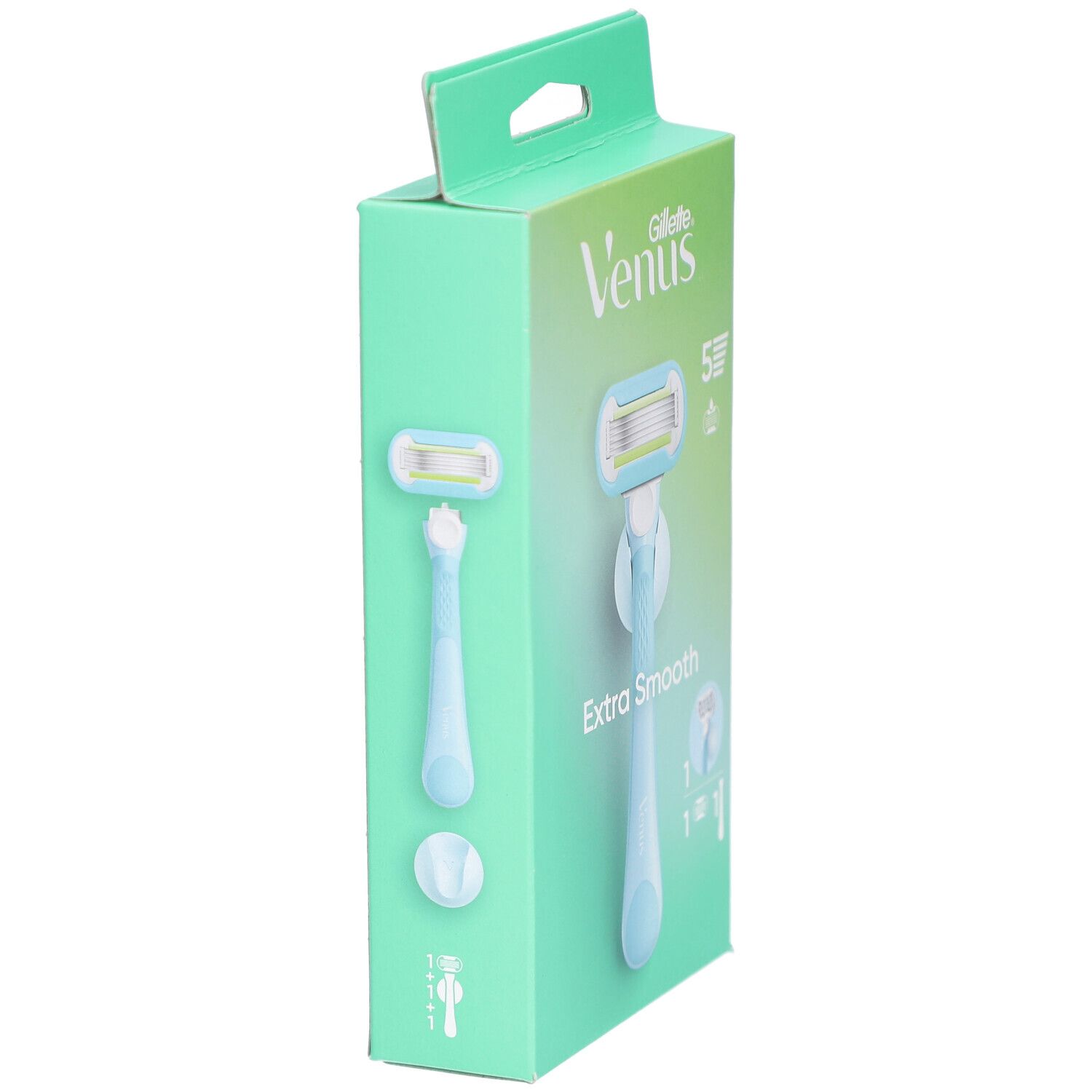 Emballage de rasoir Venus Gillette. Manche bleu clair, 5 lames. Inscription: Extra Smooth. Vue latérale.