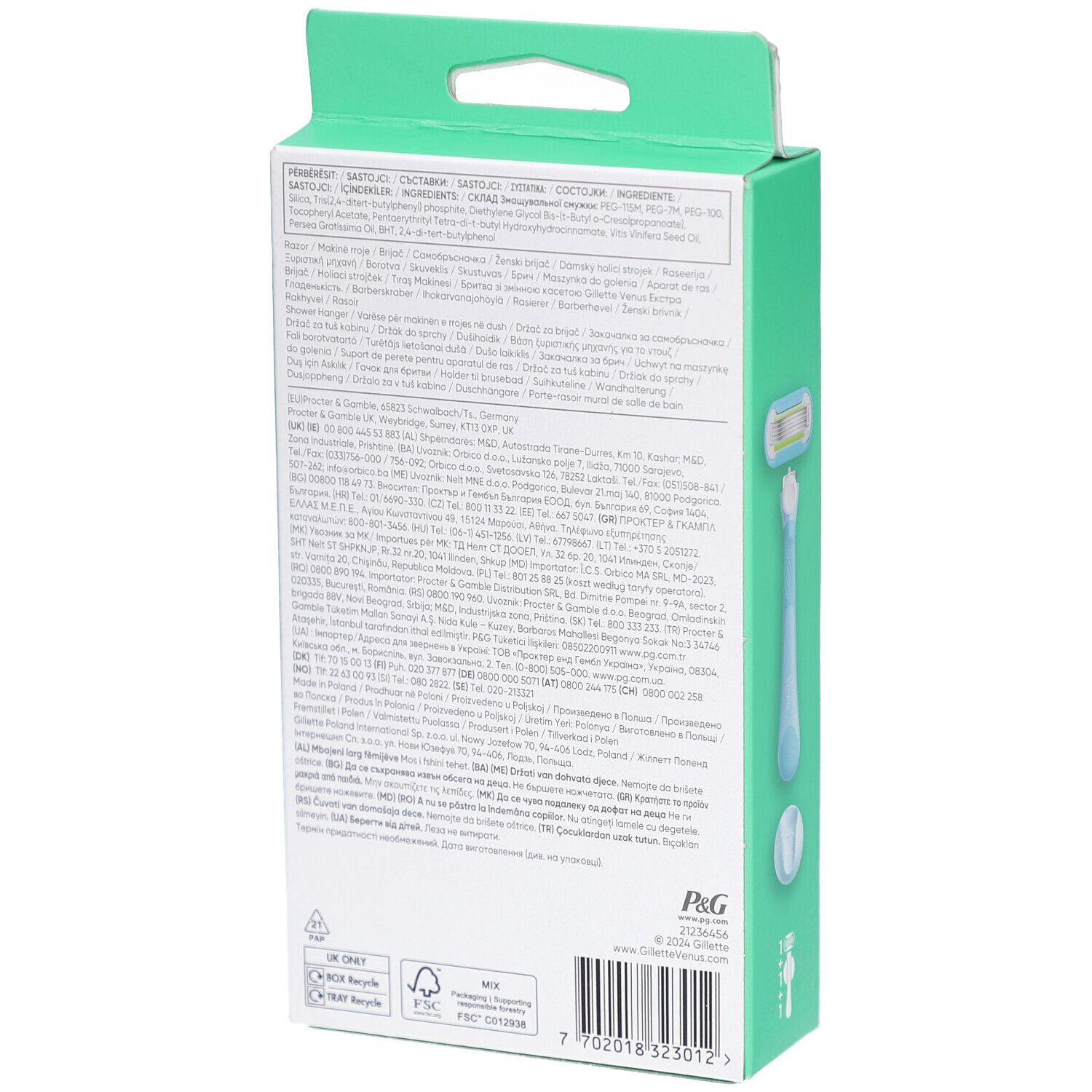 Dos de l'emballage. Texte multilingue. Marque: Venus Gillette. Logo P&G. Symboles de recyclage.