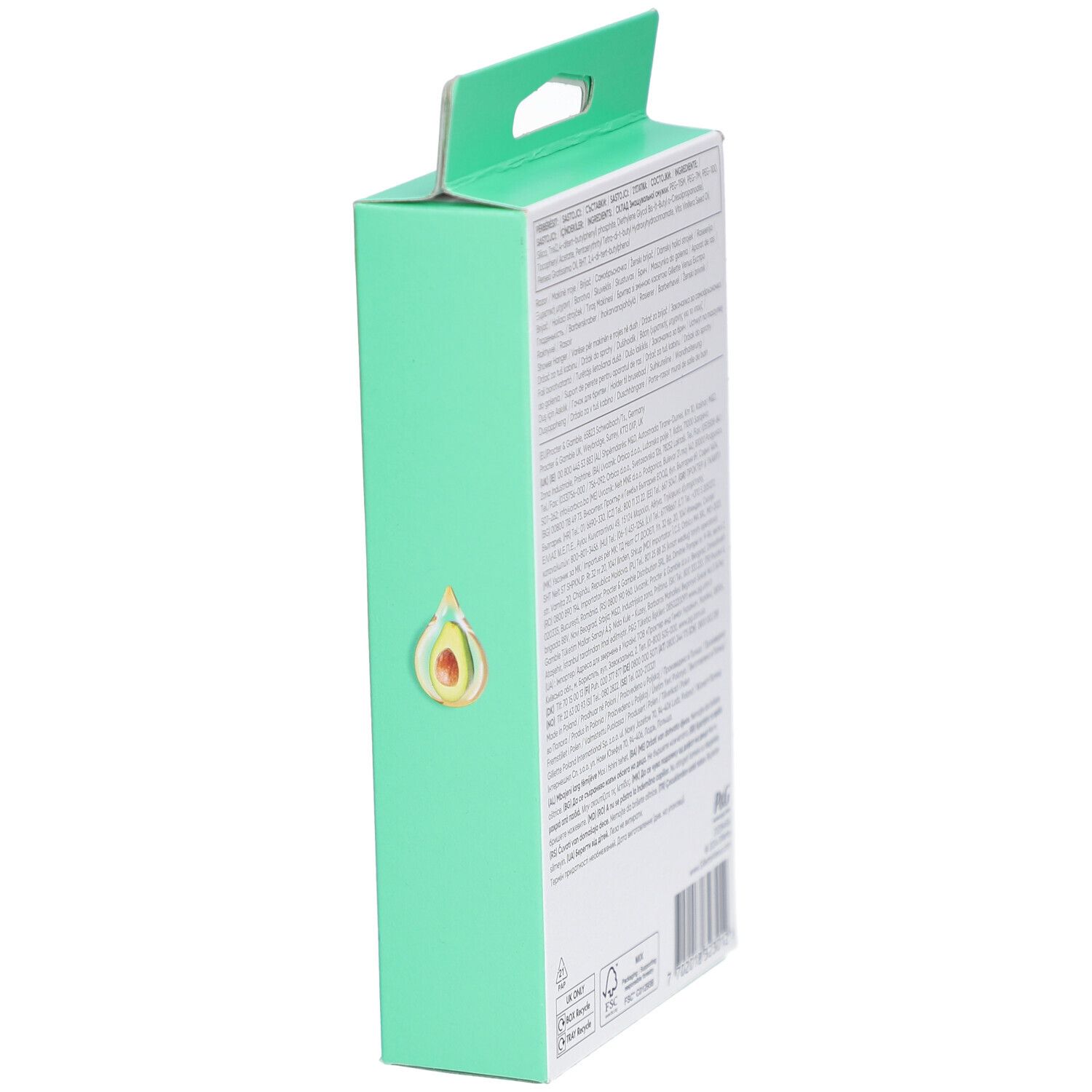 Vue latérale de l'emballage. Texte multilingue. Marque: Venus Gillette. Symbole d'avocat.