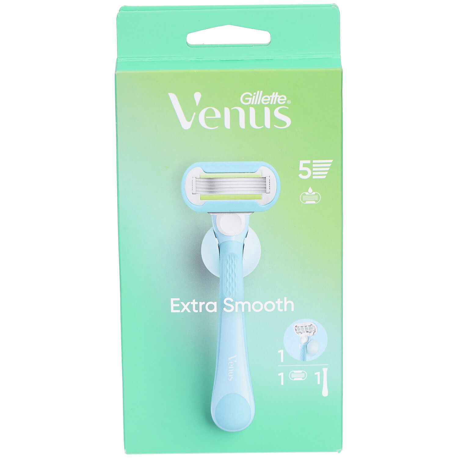 Emballage de rasoir Venus Gillette. Manche bleu clair, 5 lames. Inscription: Extra Smooth.