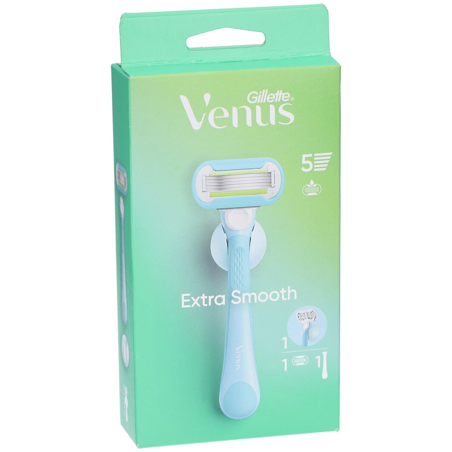 Emballage de rasoir Venus Gillette. Manche bleu clair, 5 lames. Inscription: Extra Smooth.