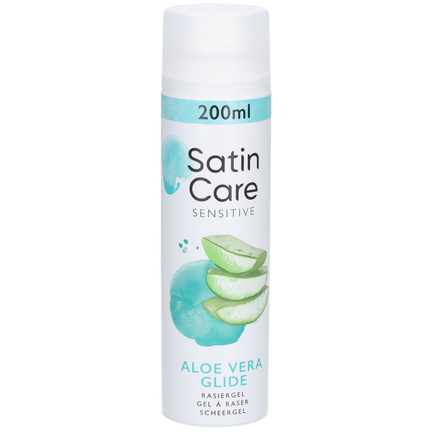 Rasiergel-Flasche mit Aloe Vera. Aufschrift: Satin Care Sensitive, Aloe Vera Glide. Abbildung von Aloe Vera Blättern.