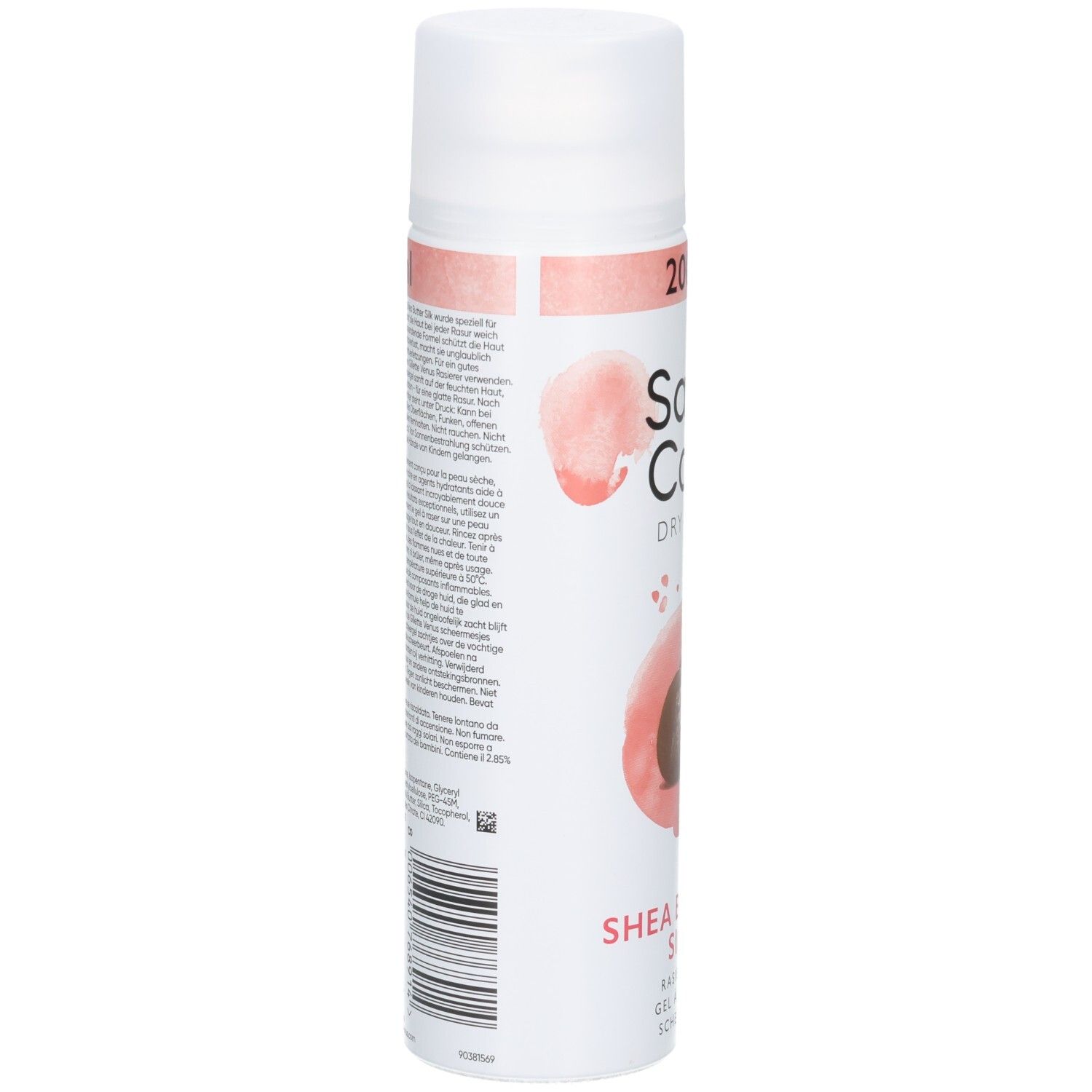 Weiß-rosa Flasche, Seitenansicht. Text: Produktinformationen, Barcode. Aufdruck: Shea Butter Silk.