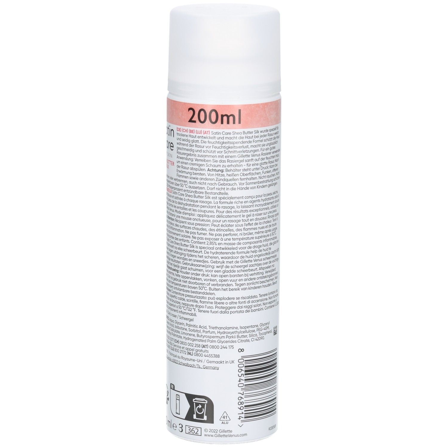 Weiß-rosa Flasche, Rückseite. Text: Produktinformationen, Barcode, Recycling-Symbol. Aufdruck: 200ml.