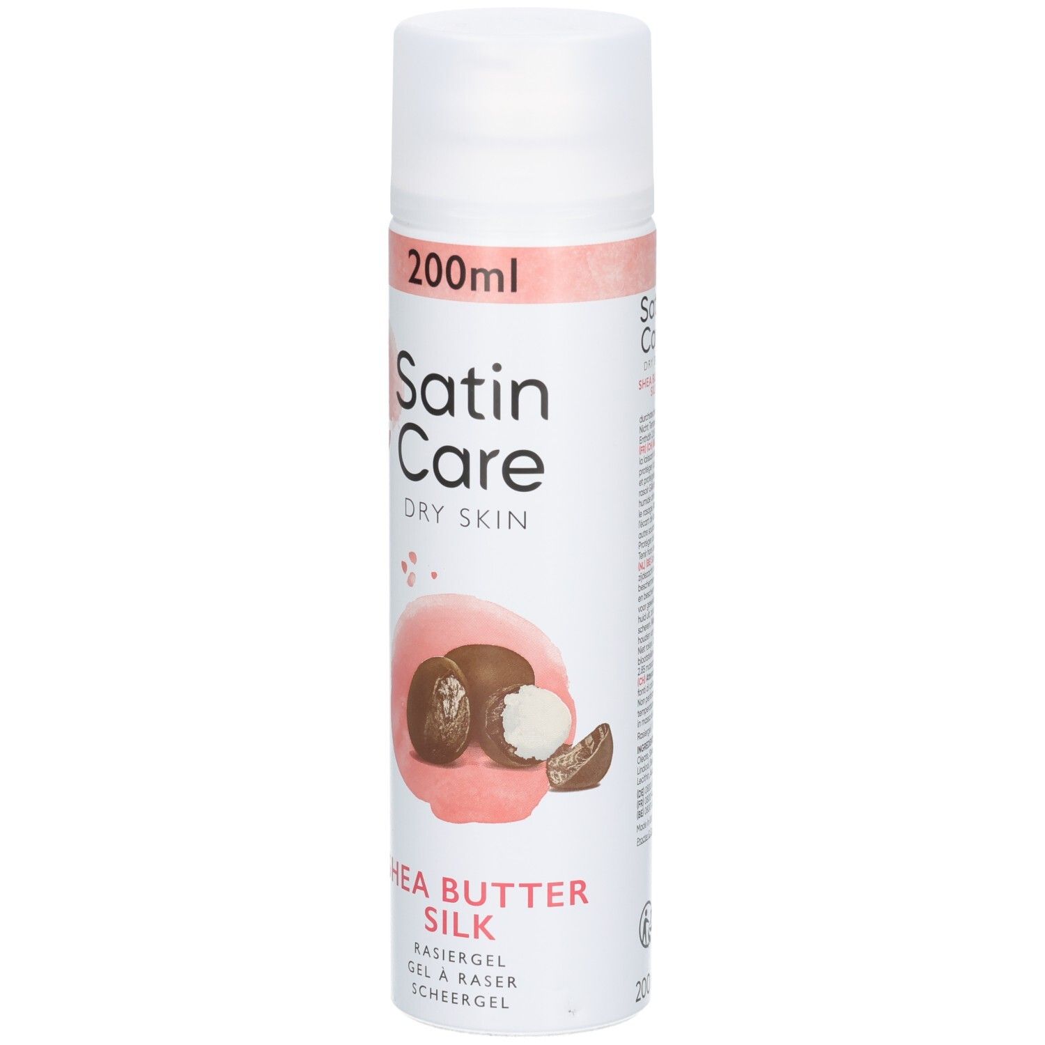Weiß-rosa Flasche mit Produktnamen und Shea Butter Silk. Aufdruck: 200ml. Abbildung von Shea Butter.