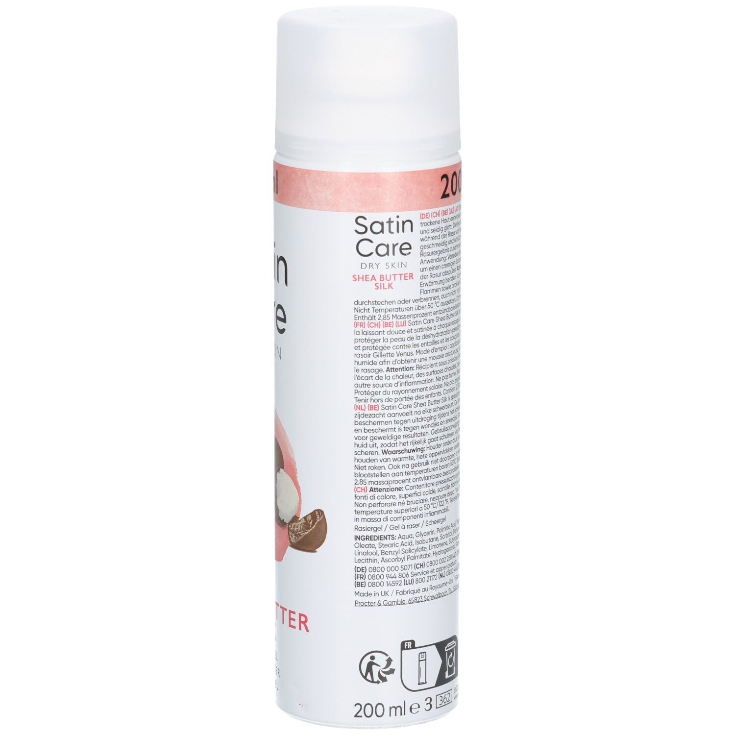Weiß-rosa Flasche, Seitenansicht. Text: Produktinformationen, Barcode. Aufdruck: Shea Butter Silk, 200ml.