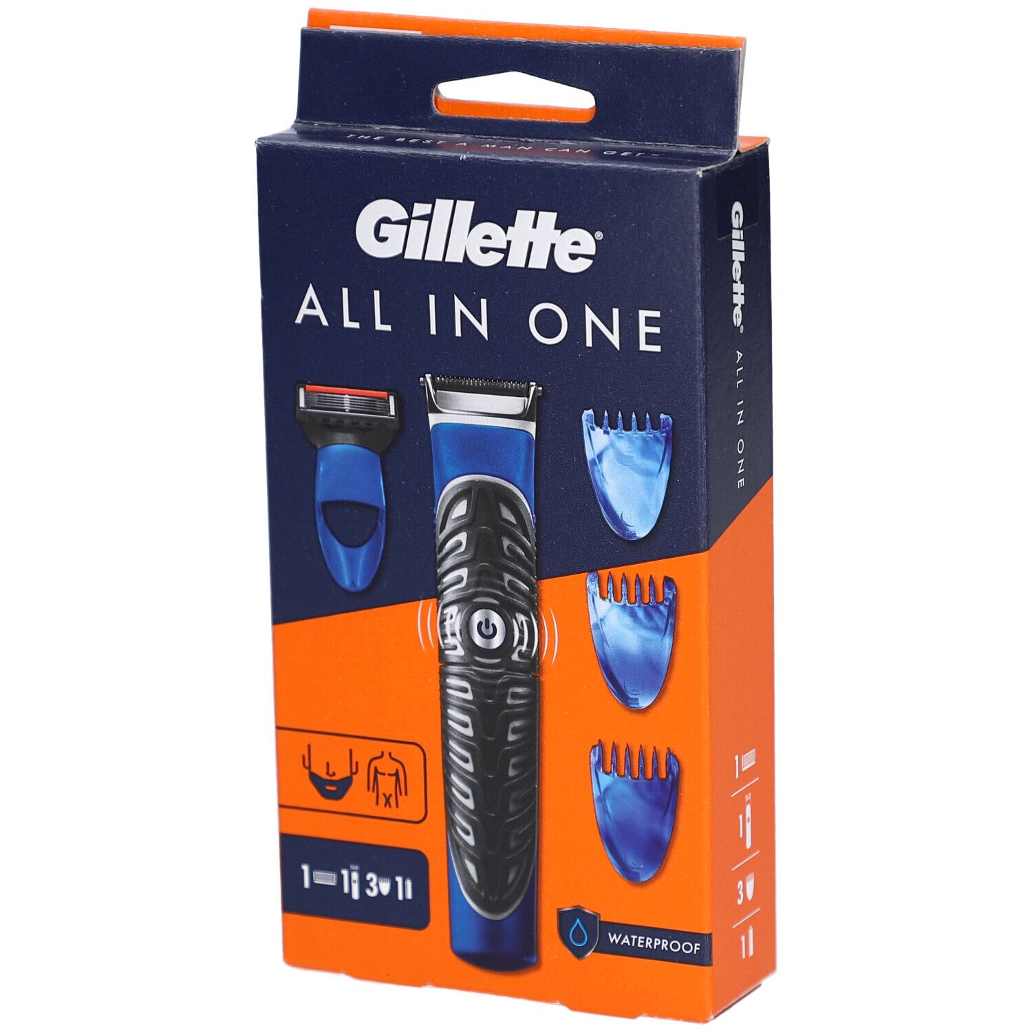 Emballage Gillette All in One. Rasoir et accessoires bleus et orange. Résistant à l'eau. Illustrations d'utilisation.