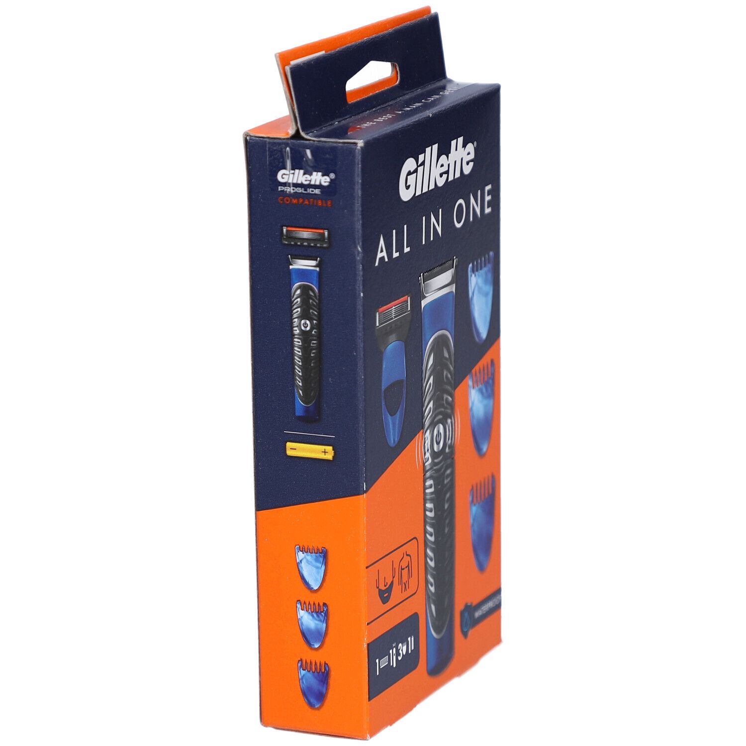 Emballage Gillette All in One. Rasoir et accessoires bleus et orange. Résistant à l'eau. Vue latérale.