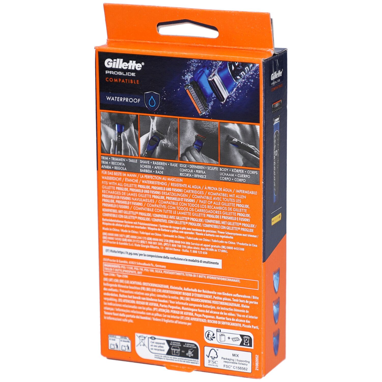 Dos de l'emballage Gillette ProGlide. Informations produit et illustrations. Résistant à l'eau.