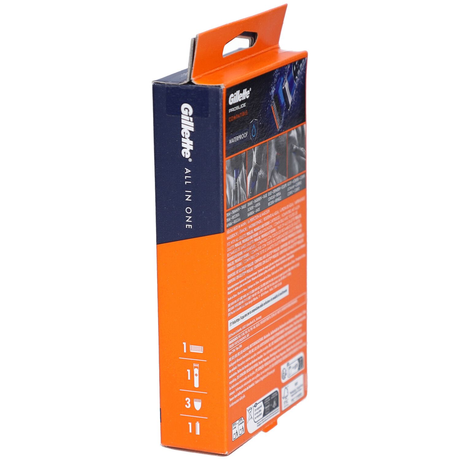 Emballage Gillette All in One. Rasoir et accessoires bleus et orange. Résistant à l'eau. Vue latérale.