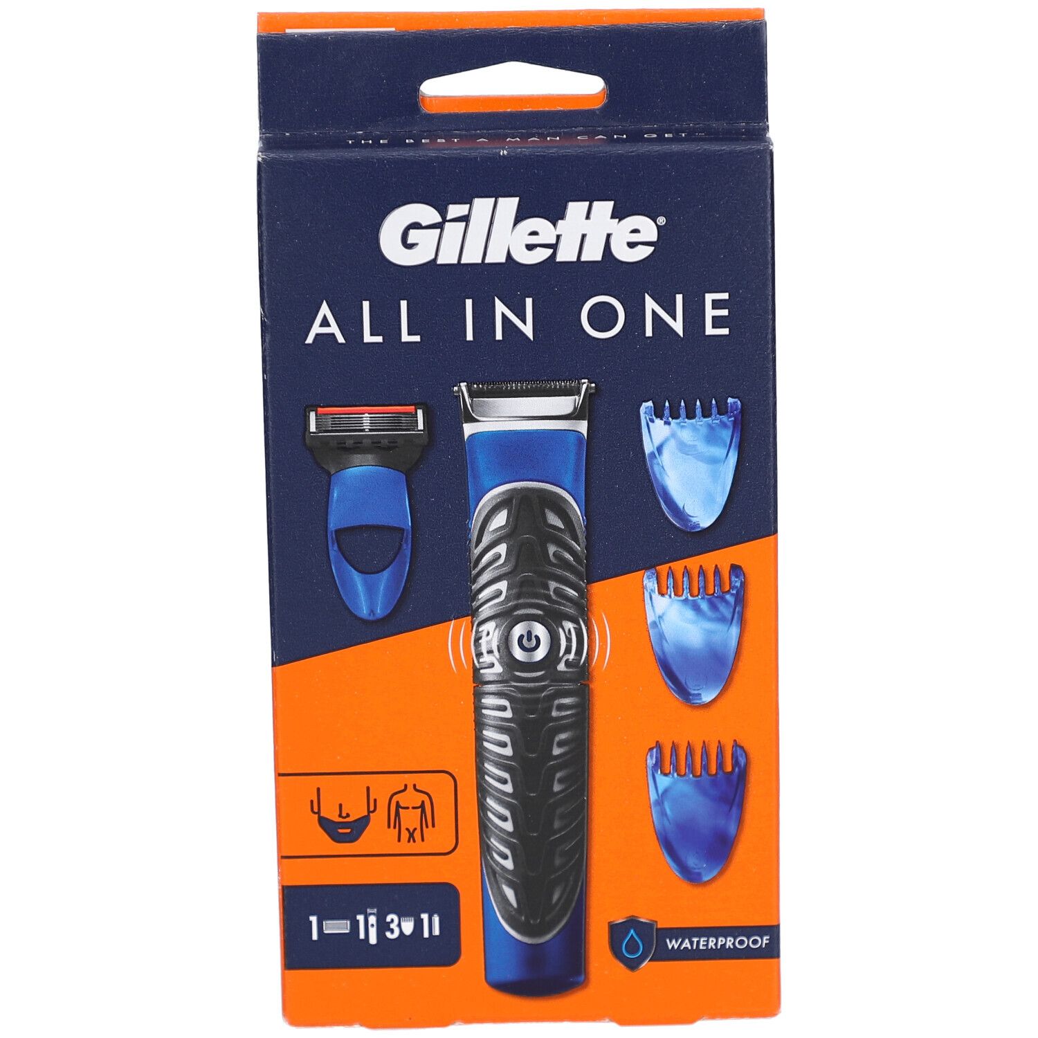 Emballage Gillette All in One. Rasoir et accessoires bleus et orange. Résistant à l'eau. Illustrations.