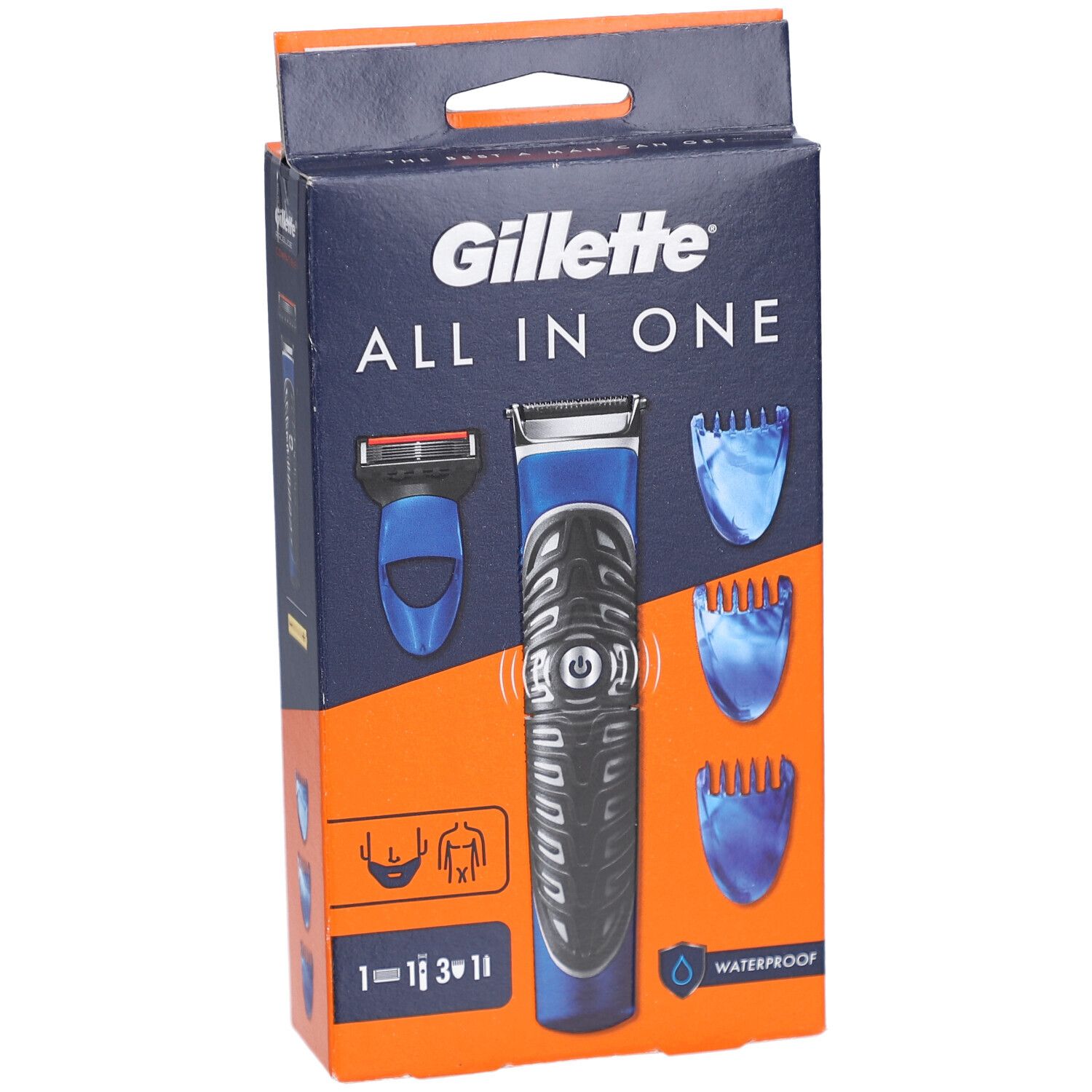 Emballage Gillette All in One. Rasoir et accessoires bleus et orange. Résistant à l'eau. Illustrations.