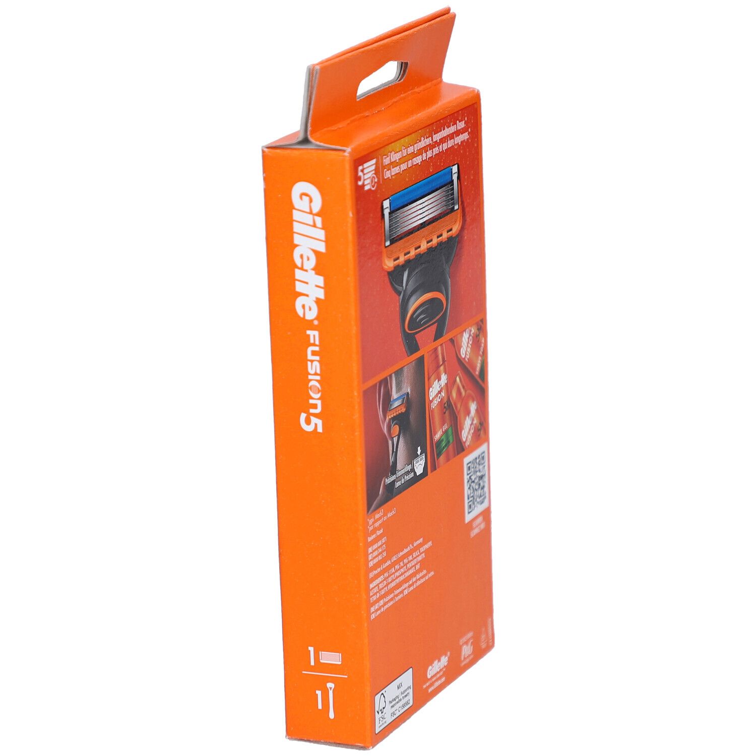 Orangefarbene Verpackung, Seitenansicht. Text: Gillette Fusion5. Rasierer-Abbildung.