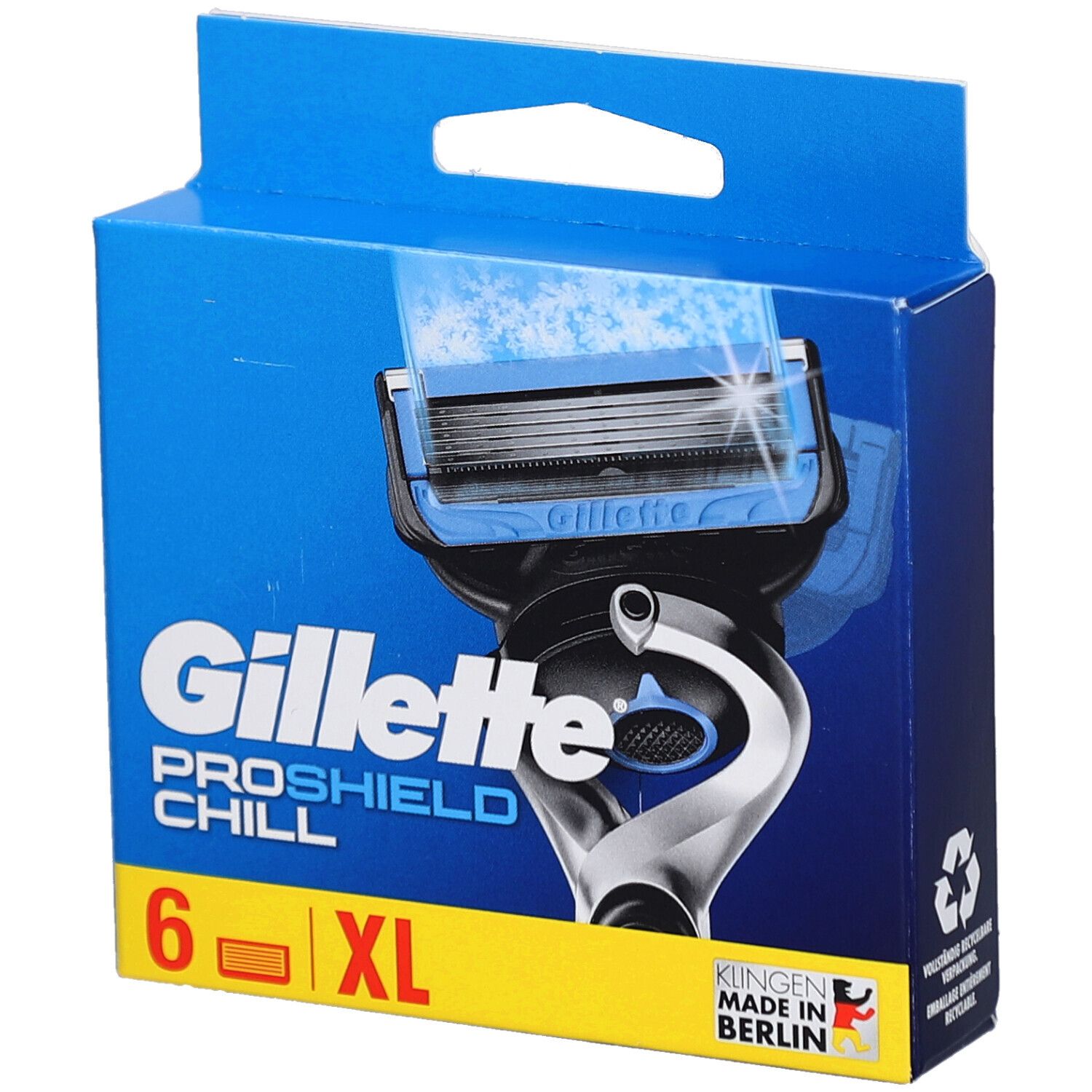 Boîte de lames de rasoir Gillette ProShield Chill. Boîte bleue avec image de rasoir. Contient 6 lames, XL.