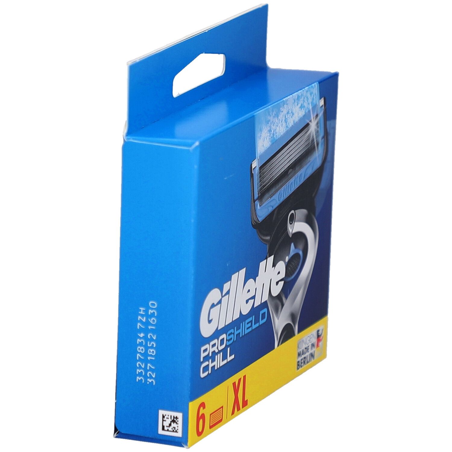 Boîte de lames de rasoir Gillette ProShield Chill. Boîte bleue, vue latérale. Contient 6 lames, XL.