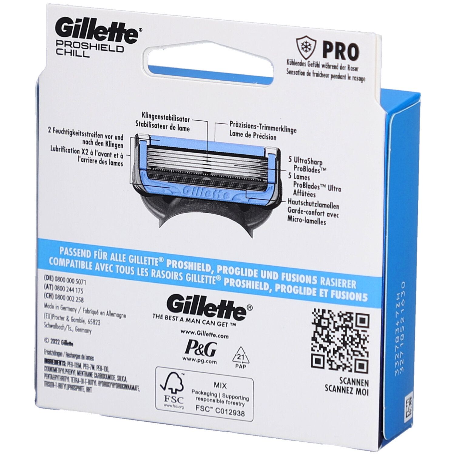 Dos de l'emballage Gillette ProShield Chill. Caractéristiques du produit, note de compatibilité, code QR.