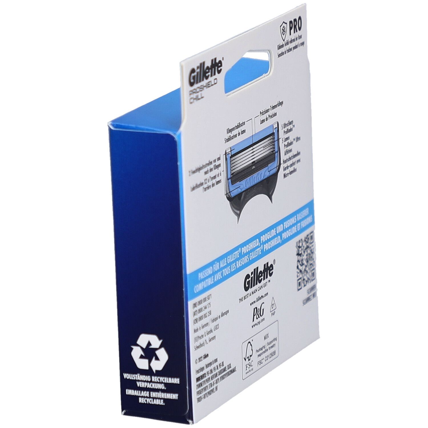 Emballage Gillette ProShield Chill, vue latérale. Caractéristiques du produit, symbole de recyclage, certification FSC.