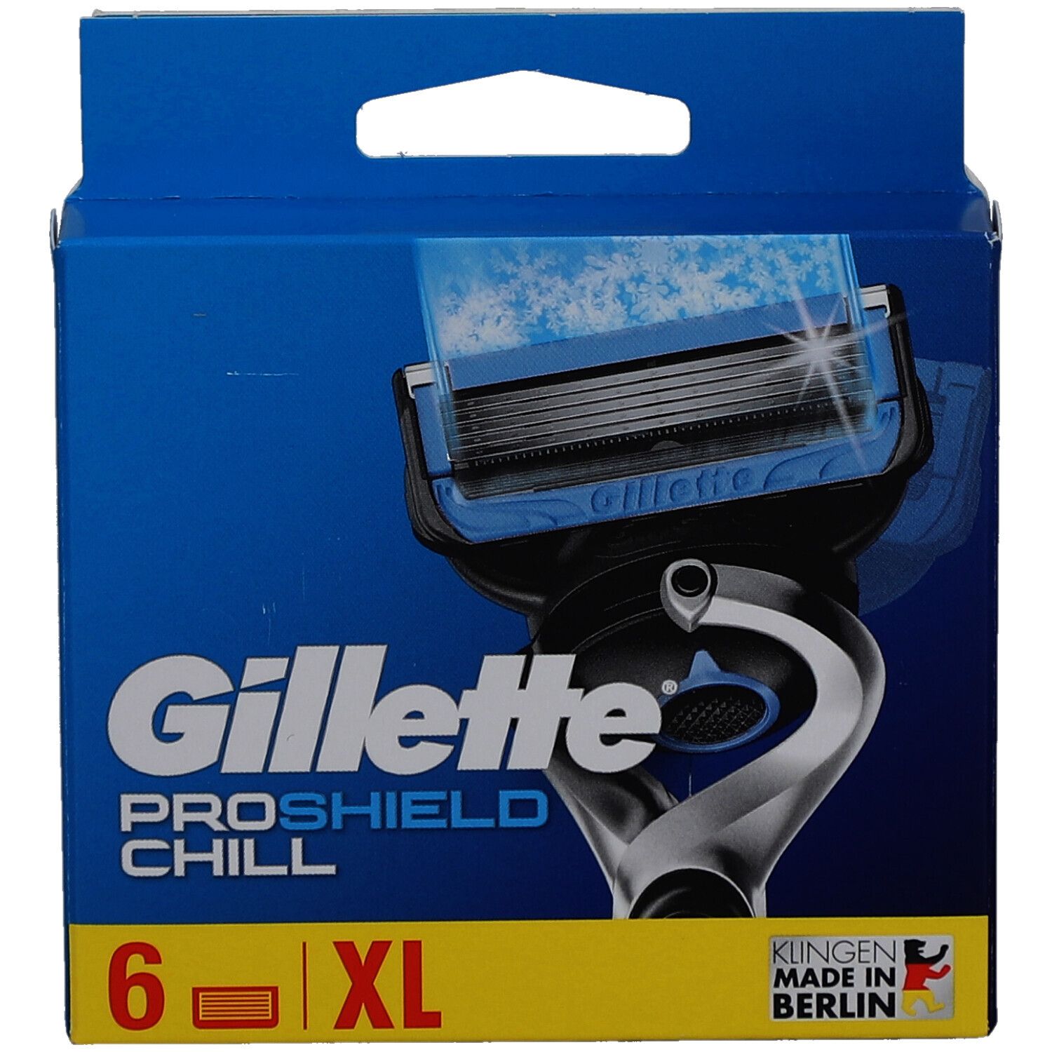 Boîte de lames de rasoir Gillette ProShield Chill. Boîte bleue avec image de rasoir. Contient 6 lames, XL.