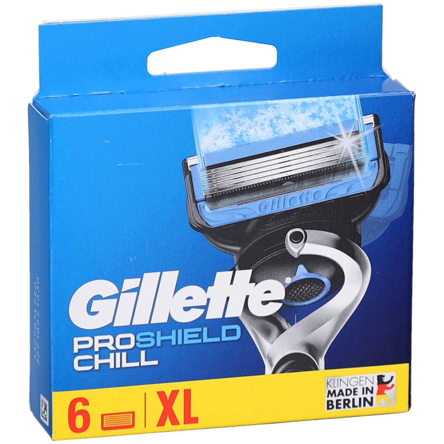 Boîte de lames de rasoir Gillette ProShield Chill. Boîte bleue avec image de rasoir. Contient 6 lames, XL.