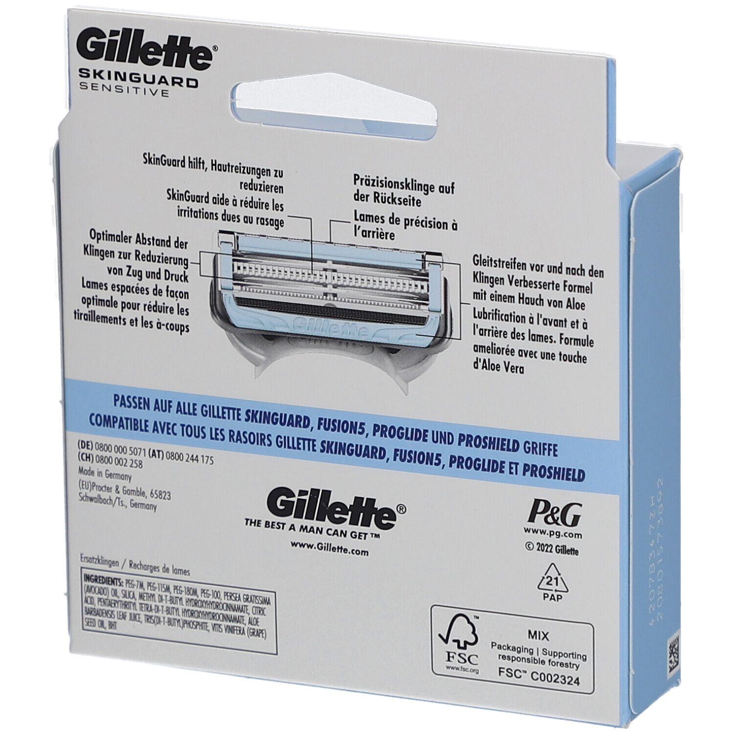 Rückseite der Gillette SkinGuard Sensitive Verpackung. Produktabbildung. Text: Kompatibel mit... FSC-Zertifizierung.