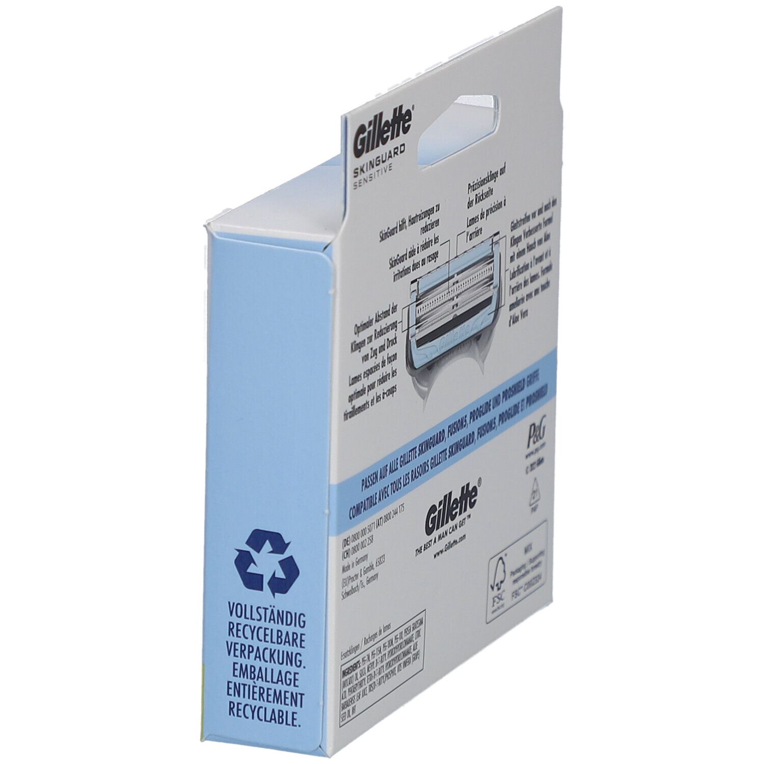Gillette SkinGuard Sensitive Verpackung, Seitenansicht. Text: Vollständig recyclebare Verpackung. FSC-Zertifizierung.