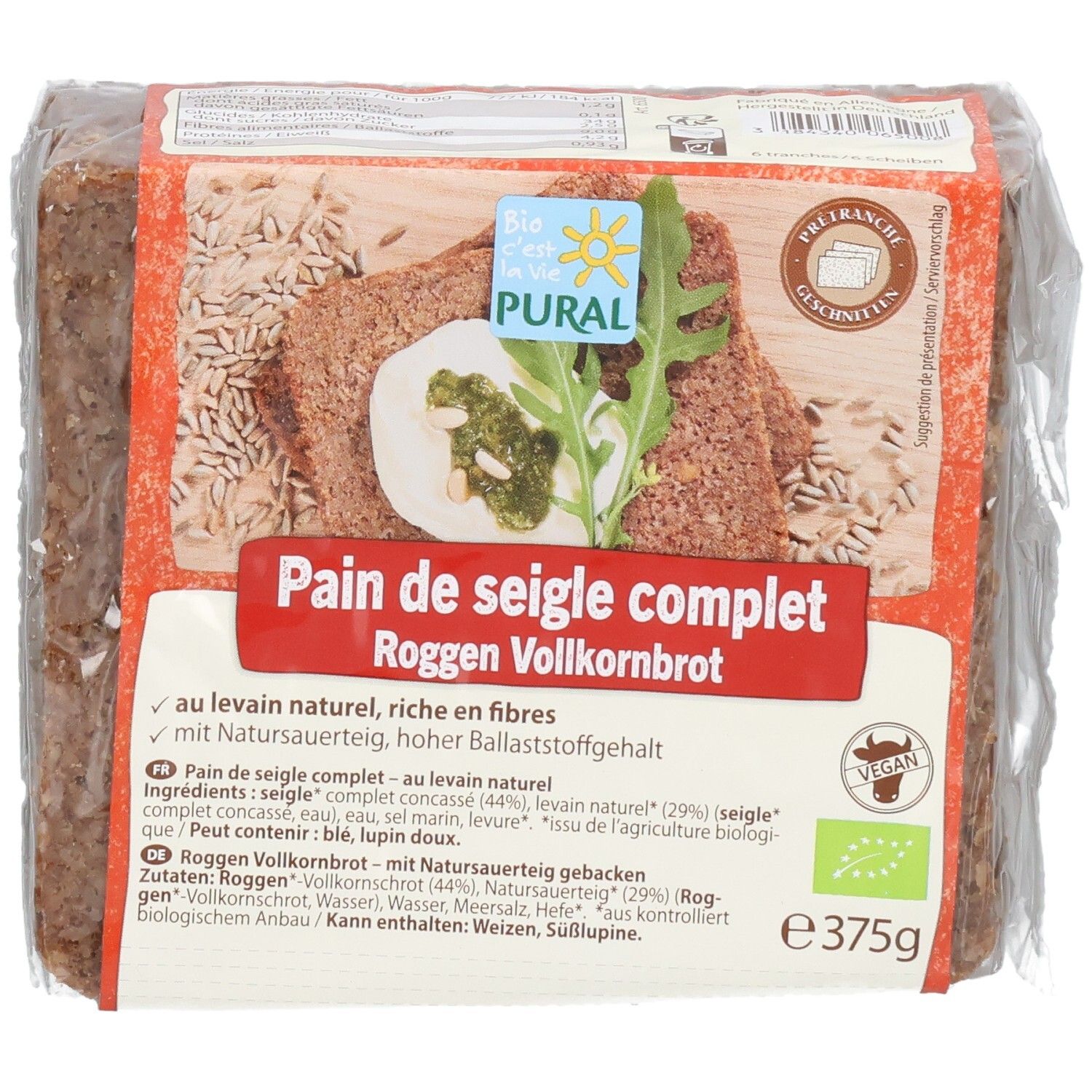 PURAL Roggen Vollkornbrot 375g, Vorderseite mit Produktabbildung und Bio-Siegel.