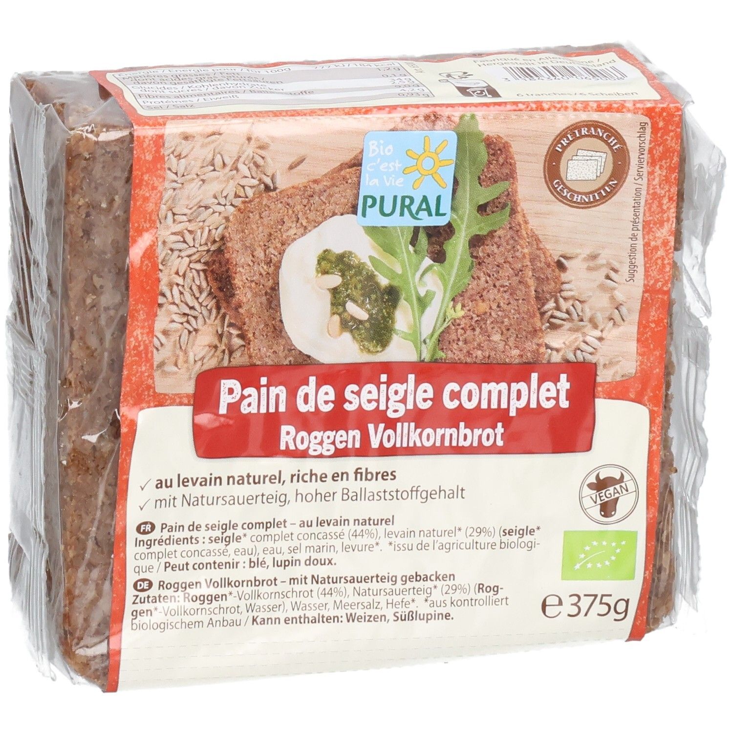 PURAL Roggen Vollkornbrot 375g, Vorderseite mit Produktabbildung und Bio-Siegel.