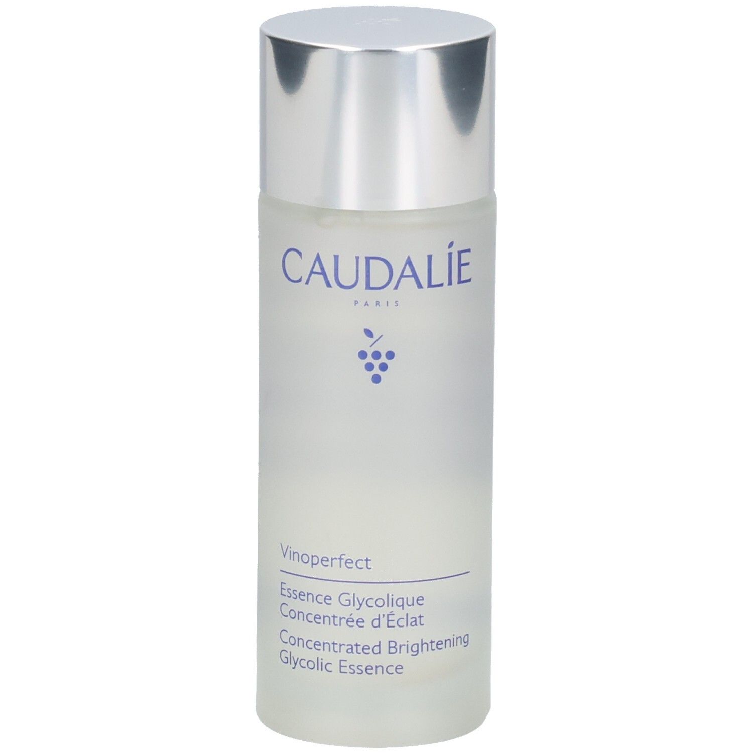 Zylindrische Flasche mit silbernem Deckel. Aufschrift: CAUDALIE, Vinoperfect, Essence Glycolique, Concentrée d'Éclat, Concentrated Brightening Glycolic Essence.