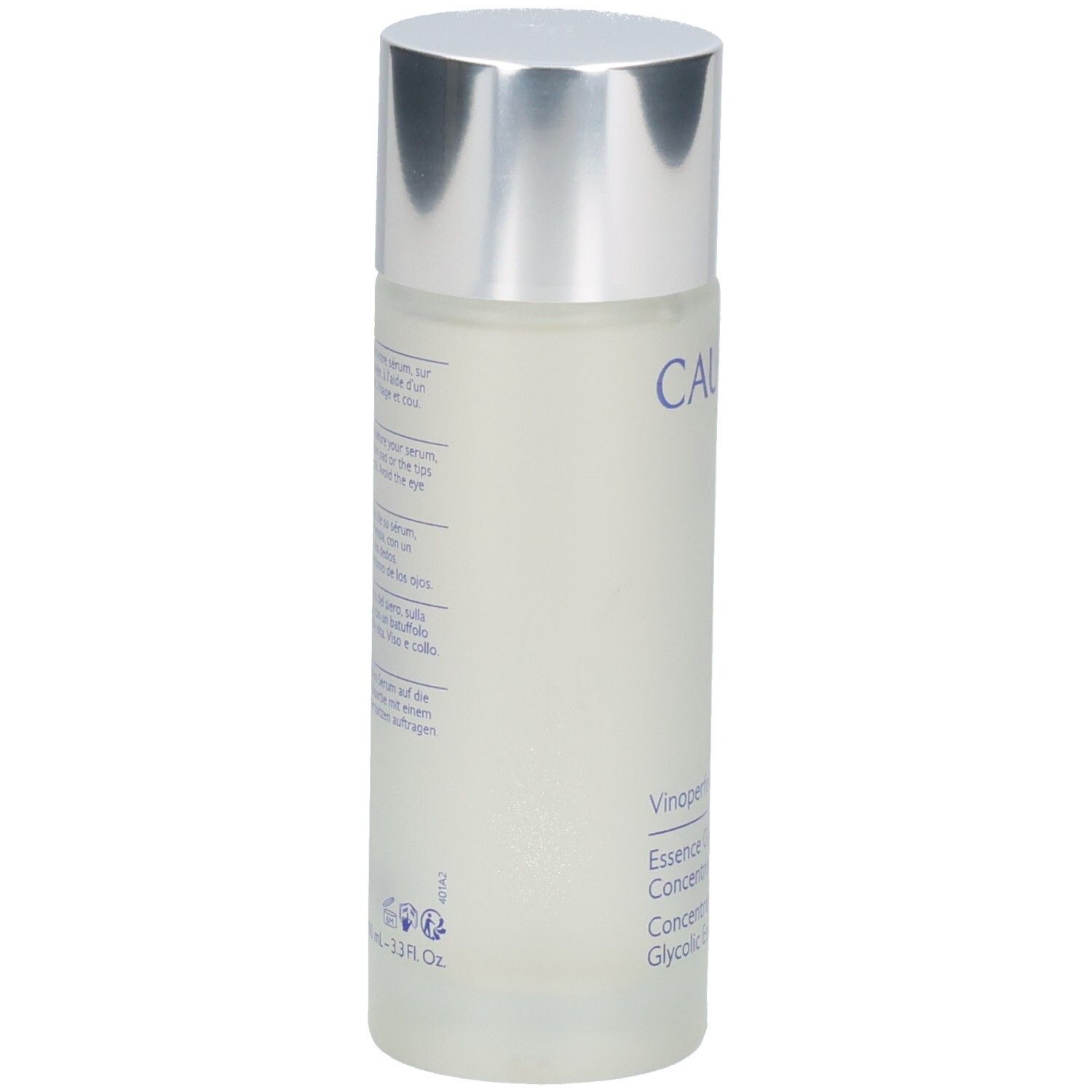 Rückseite der Flasche. Text in mehreren Sprachen. Aufschrift: Vinoperfect, Essence Glycolique, Concentrée d'Éclat, Concentrated Brightening Glycolic Essence.