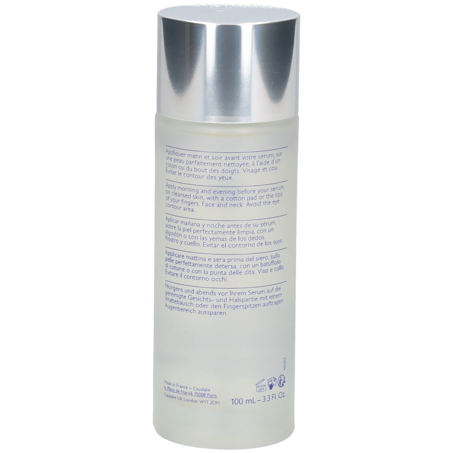 Rückseite der Flasche. Text in mehreren Sprachen. Aufschrift: Vinoperfect, Essence Glycolique, Concentrée d'Éclat, Concentrated Brightening Glycolic Essence.