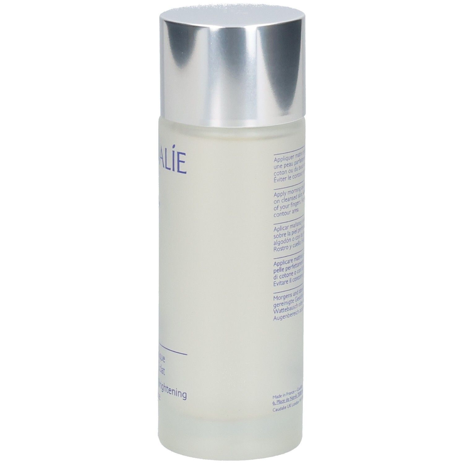 Rückseite der Flasche. Text in mehreren Sprachen. Aufschrift: Vinoperfect, Essence Glycolique, Concentrée d'Éclat, Concentrated Brightening Glycolic Essence.