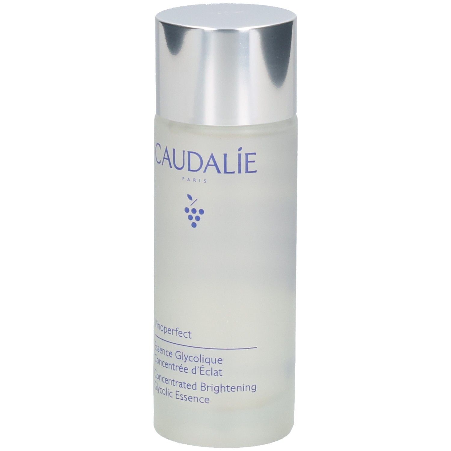 Zylindrische Flasche mit silbernem Deckel. Aufschrift: CAUDALIE, Vinoperfect, Essence Glycolique, Concentrée d'Éclat, Concentrated Brightening Glycolic Essence.