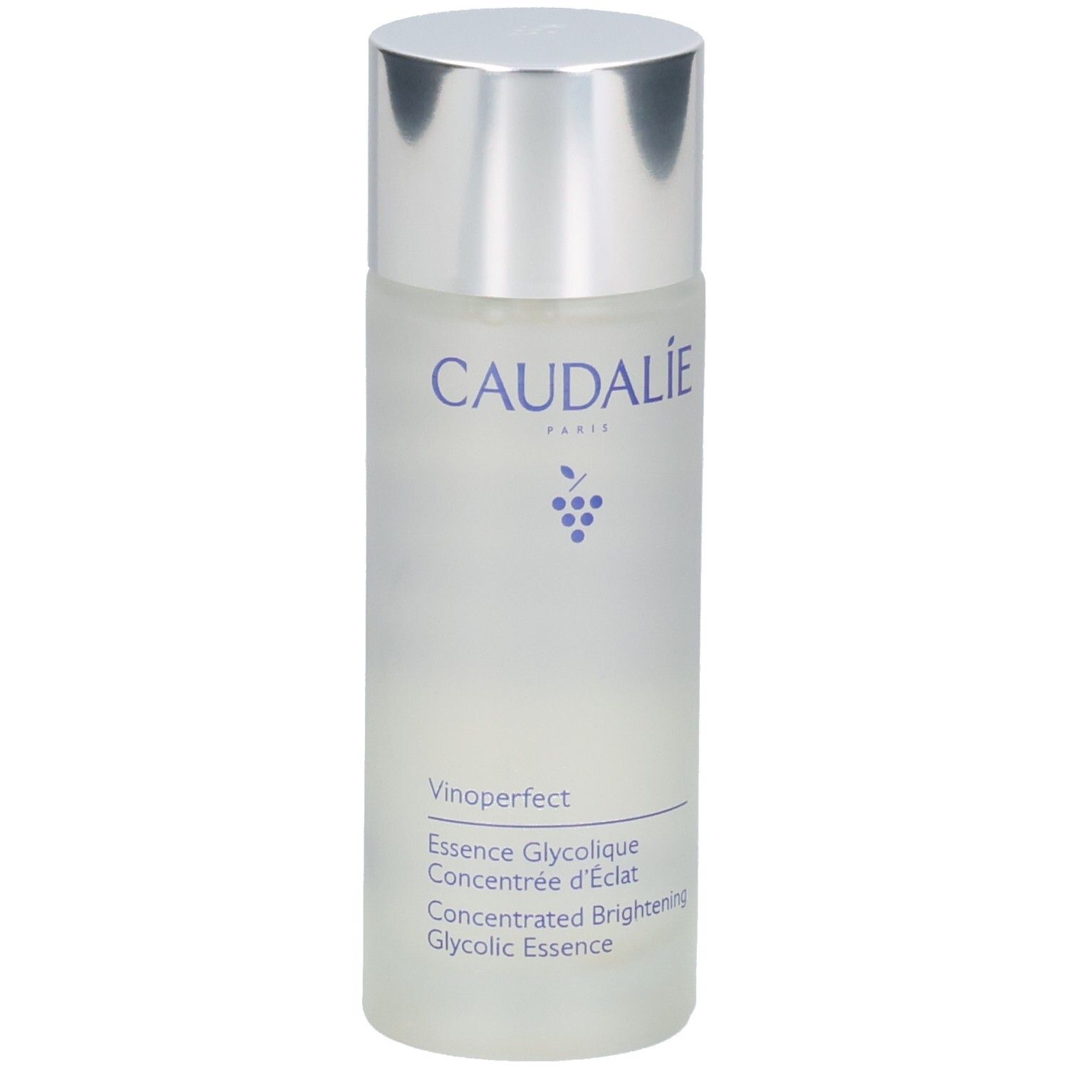 Zylindrische Flasche mit silbernem Deckel. Aufschrift: CAUDALIE, Vinoperfect, Essence Glycolique, Concentrée d'Éclat, Concentrated Brightening Glycolic Essence.