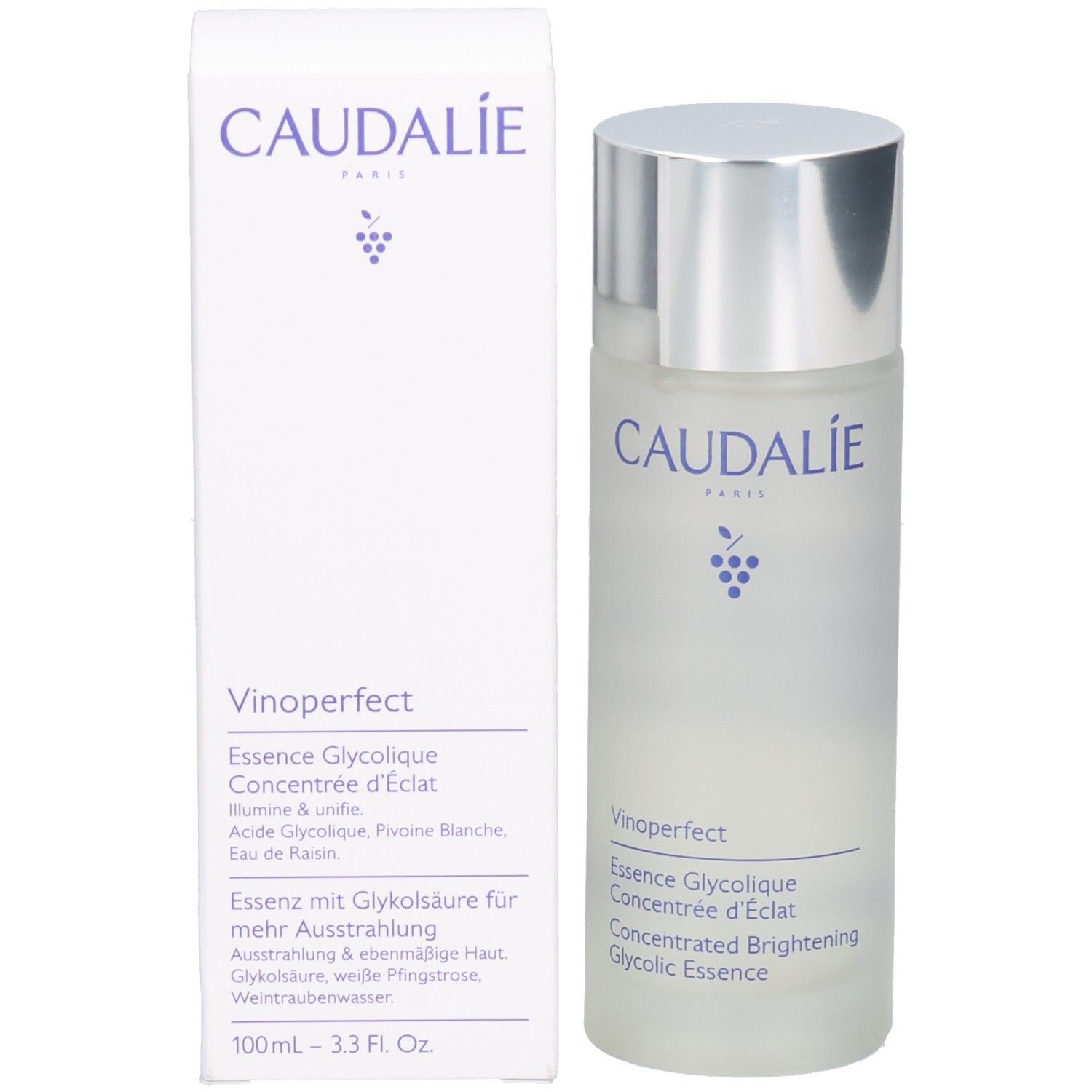 Flasche und Verpackung. Aufschrift: CAUDALIE, Vinoperfect, Essence Glycolique, Concentrée d'Éclat, Concentrated Brightening Glycolic Essence. 100 ml.